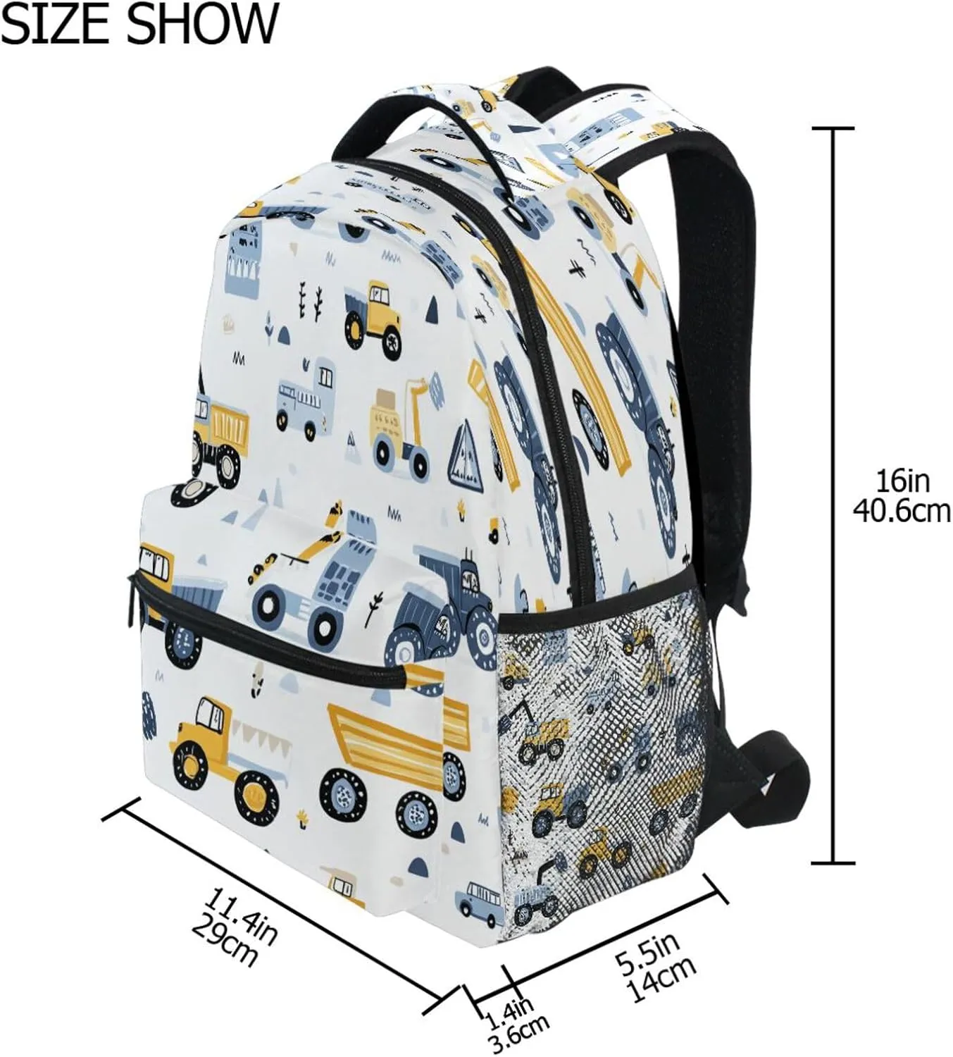 Backpack School Bookbag Travel Bag Yellow Blue Build Construction Transport Car for Girls Boys Teen