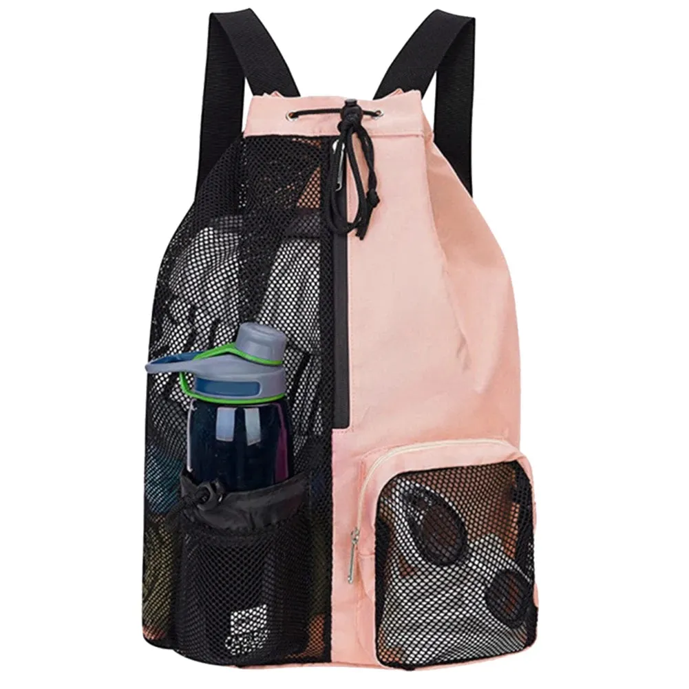 Bag Drawstring Beach Storage Backpacks with Wet Pockets Thickened Mesh Lightweight Comfortable for Training