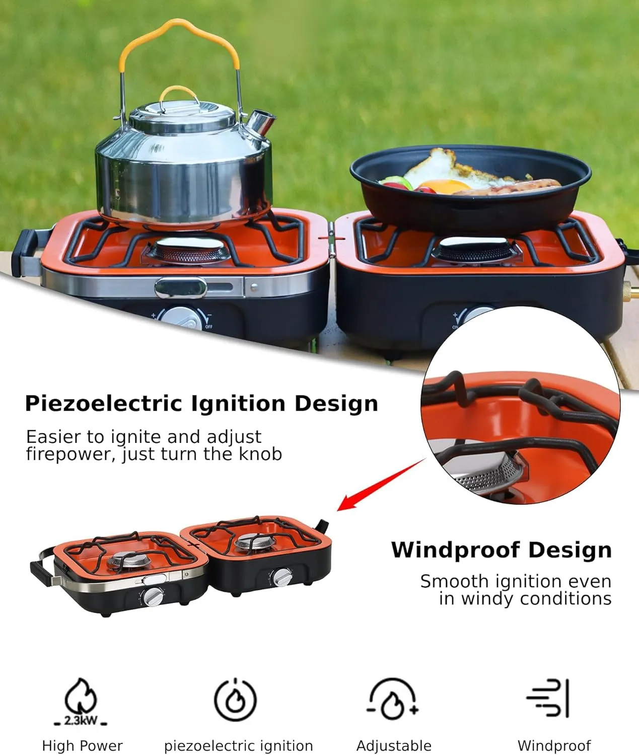 BakerStone Propane Camping Stove 2 Adjustable Burners with 20,000 BTUs, Portable Folding Camp Stove Outdoor Gas Stove Cooker with Inlet Gas Pipe, Cooking Grate, Carry Bag(Orange-2 Burner)