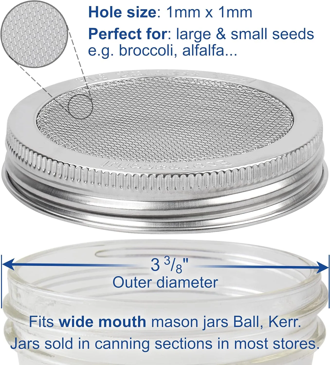 Ball Kerr 6 Pack 316 Surgical Stainless Steel Sprouting Lids - Mesh, Strainer, Sprout Lids - One-Piece, Rust-Proof (For Wide Mouth Mason Jars 3 38" Outer )