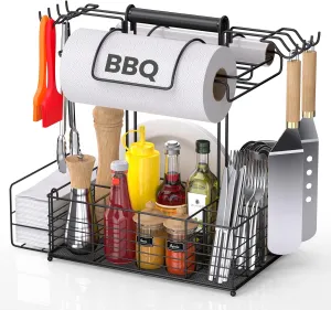 Barbecue Tool Sets Storage Organizer - Grill Caddy for Outdoor Grill with 2 Paper Towel Holders, BBQ Caddy for Outdoor Grill with 9 Compartments & 8 Hooks, BBQ Accessories for Outdoor Kitchen