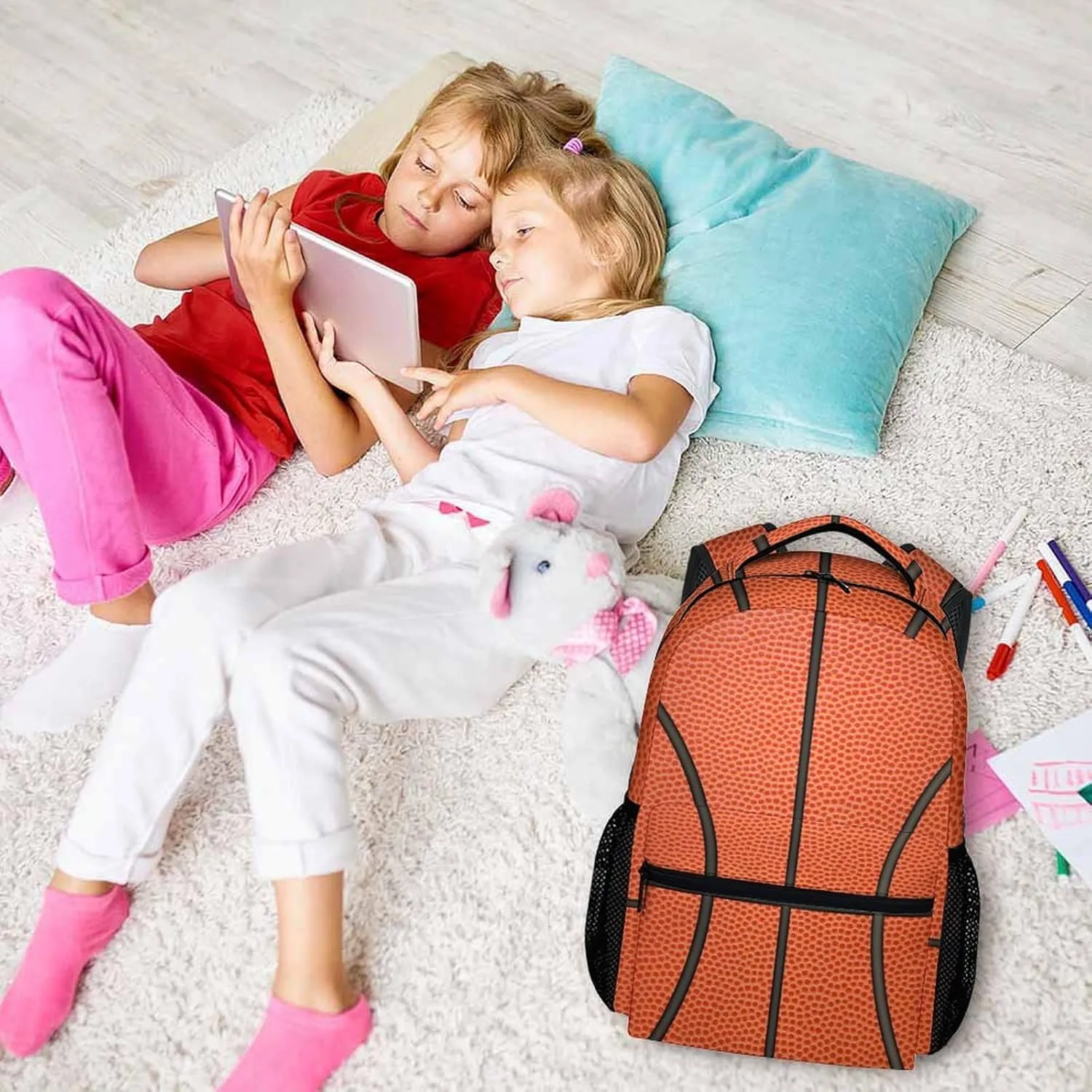 Basketball Backpack for Girls & Boys, 17 Inch Basketballs Print Backpacks for School, Cute Lightweight Bookbag for Kids