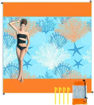 Beach Blanket, Sandproof Quick Drying 79 x 83inch Extra Large Beach Mat for 4-7 Adults, Lightweight Waterproof Camping Mat with Pocket and 4 Ground Stakes, for Travel Camping Hiking (Orange Seaweed)