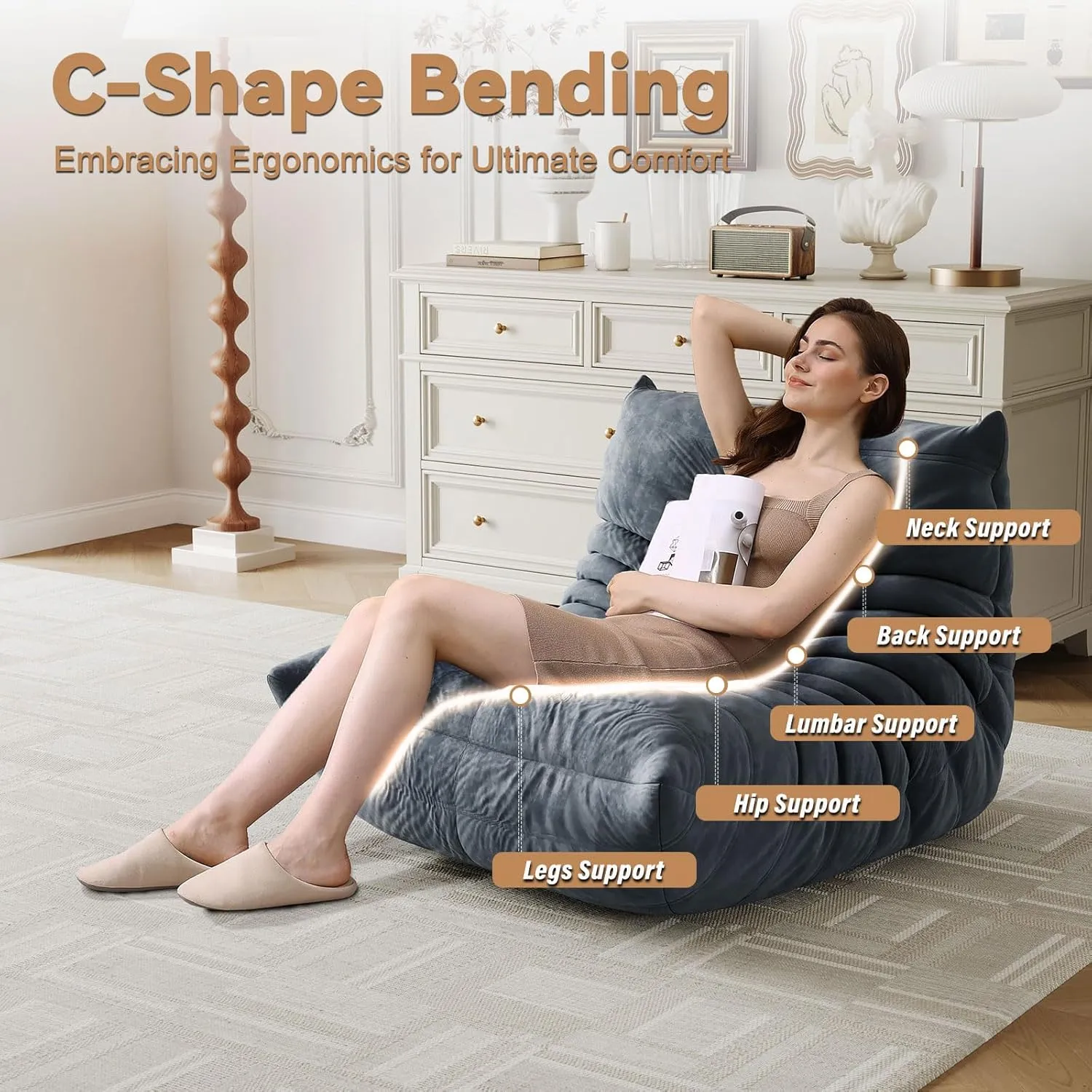 Bean Bag Chairs for Adults, Bean Bag Sofa - Adult Size with Soft Waterproof Fabric for Living Room, Apartments, Reading Corner, Gaming, and Movie Venue (Gray)