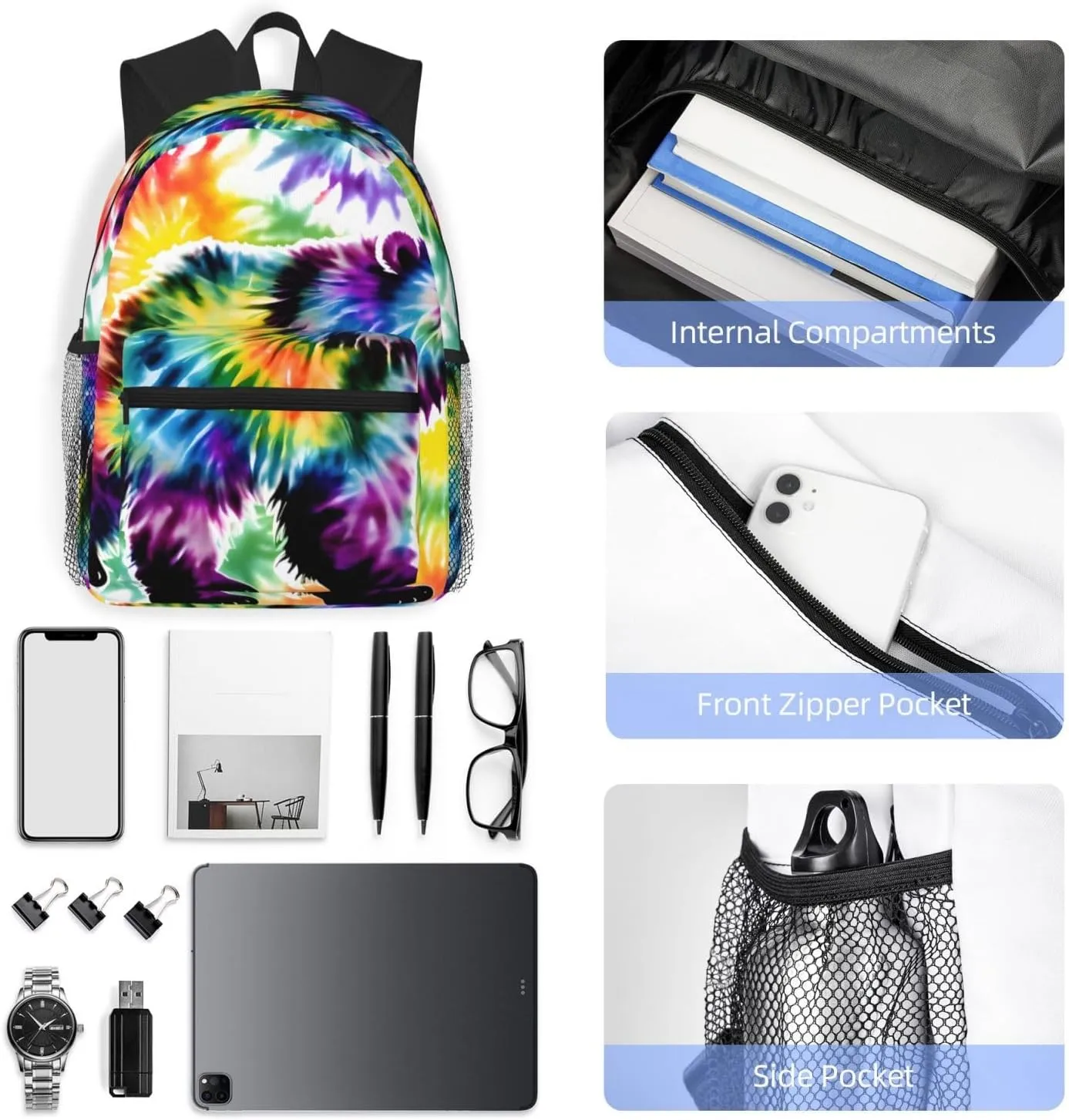Bear Dancing Tie Dye Print Comfortable Backpack,Your Essential Casual Travel Bag For Outdoor Adventures, SB-122