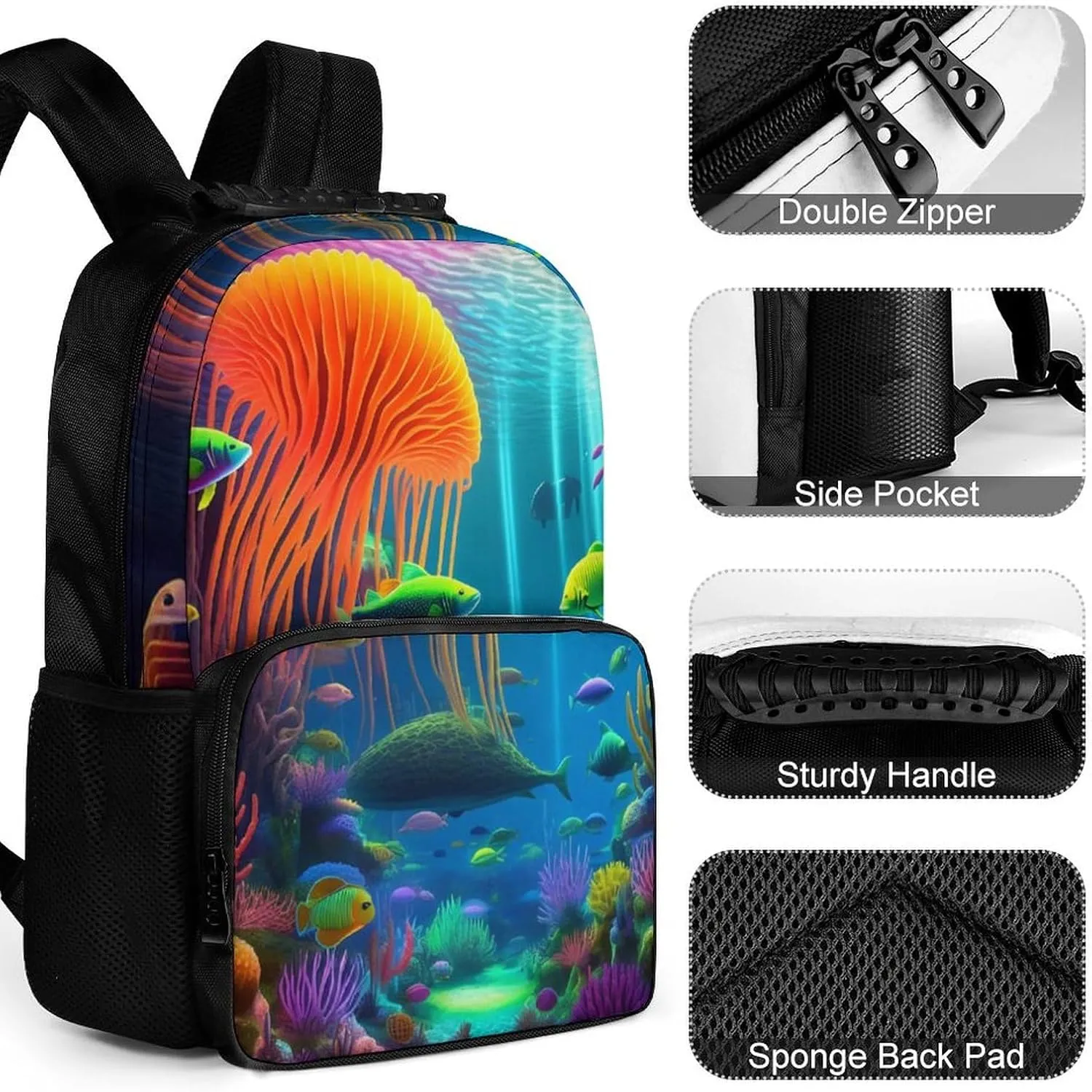 Beautiful Underwater World Fish Jellyfish Art Rucksacks Lightweight Multipurpose Anti-Theft Shoulder Bag Big Capacity Traveling & Camping Backpack With Side Pockets