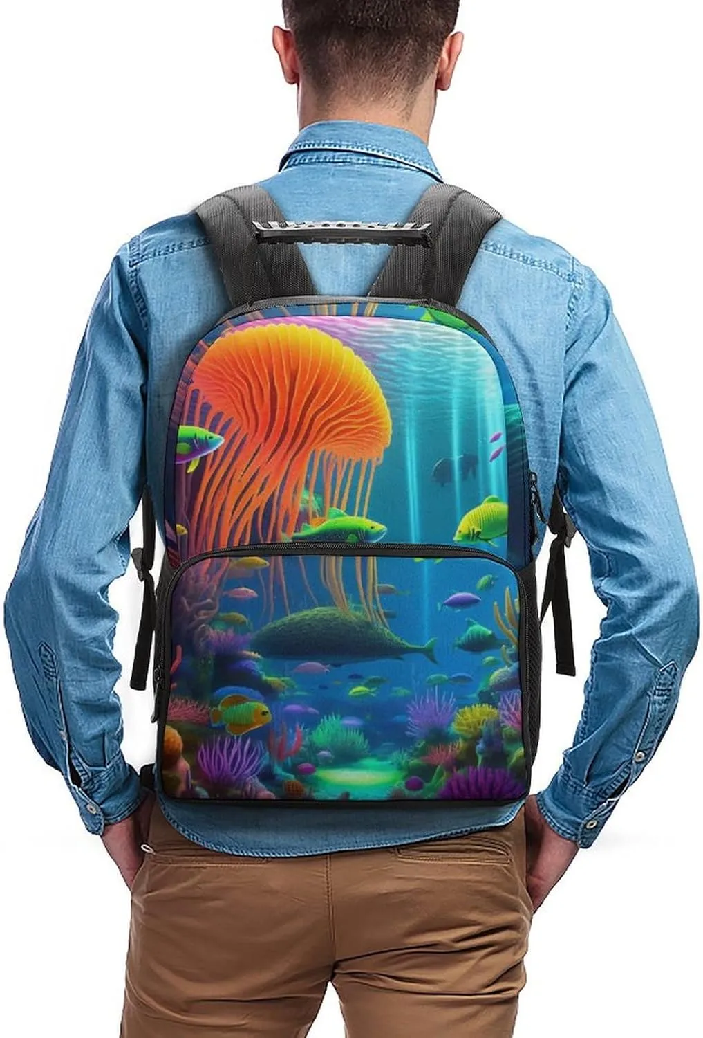 Beautiful Underwater World Fish Jellyfish Art Rucksacks Lightweight Multipurpose Anti-Theft Shoulder Bag Big Capacity Traveling & Camping Backpack With Side Pockets