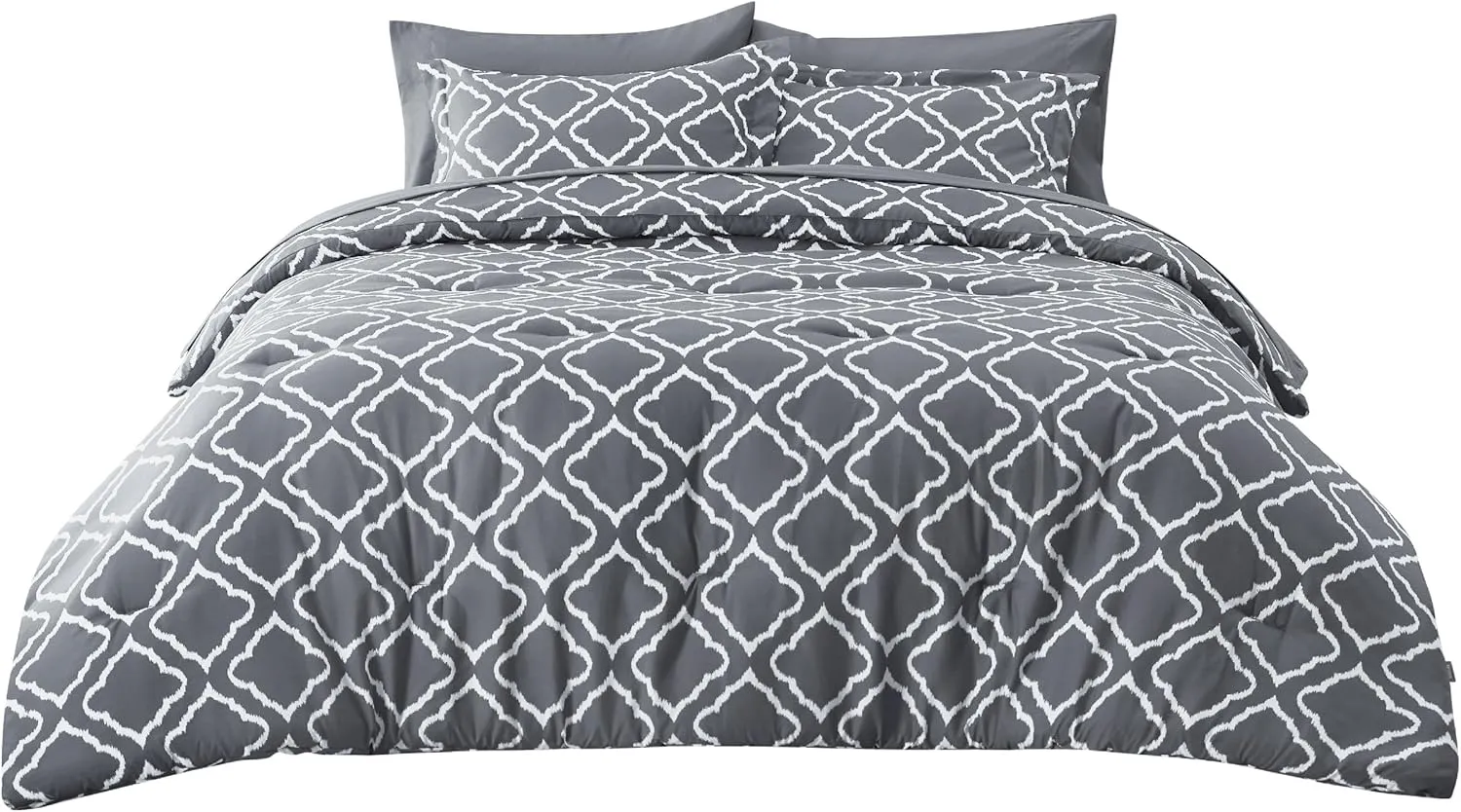 Bedsure King Comforter Set 7 Pieces - Dark Grey Blue Quatrefoil Comforters King Size, Lightweight Bedding Sets for All Season, Bed in a Bag with Comforters, Sheets, Pillowcases & Shams