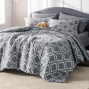 Bedsure King Comforter Set 7 Pieces - Dark Grey Blue Quatrefoil Comforters King Size, Lightweight Bedding Sets for All Season, Bed in a Bag with Comforters, Sheets, Pillowcases & Shams