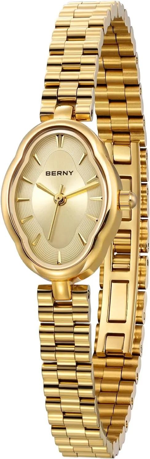 BERNY Gold Watches for Women Dainty Ladies Quartz Watch Vintage Copper Mirrors Shape Japanese Quartz Movement 3ATM Waterproof Fashion Female Wrist Watch Luxury Birthday Gifts