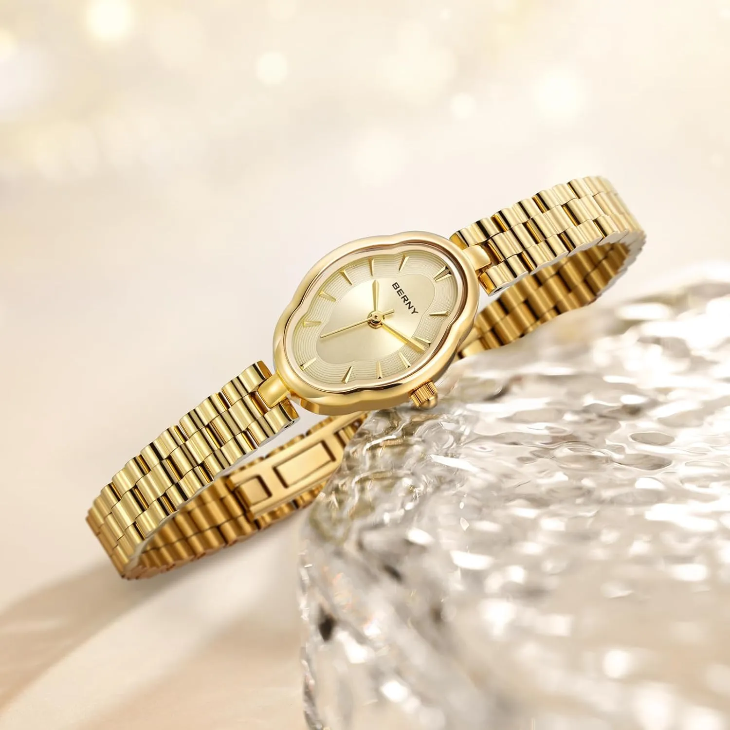 BERNY Gold Watches for Women Dainty Ladies Quartz Watch Vintage Copper Mirrors Shape Japanese Quartz Movement 3ATM Waterproof Fashion Female Wrist Watch Luxury Birthday Gifts