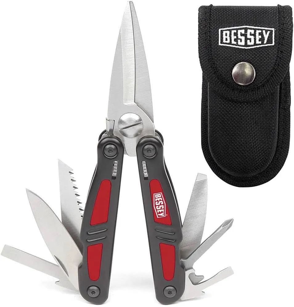 Bessey DMT Multi Function Tool with Shear, Cutting Blade, Saw Blade & 3 Screw Driver Blades, Red/Black
