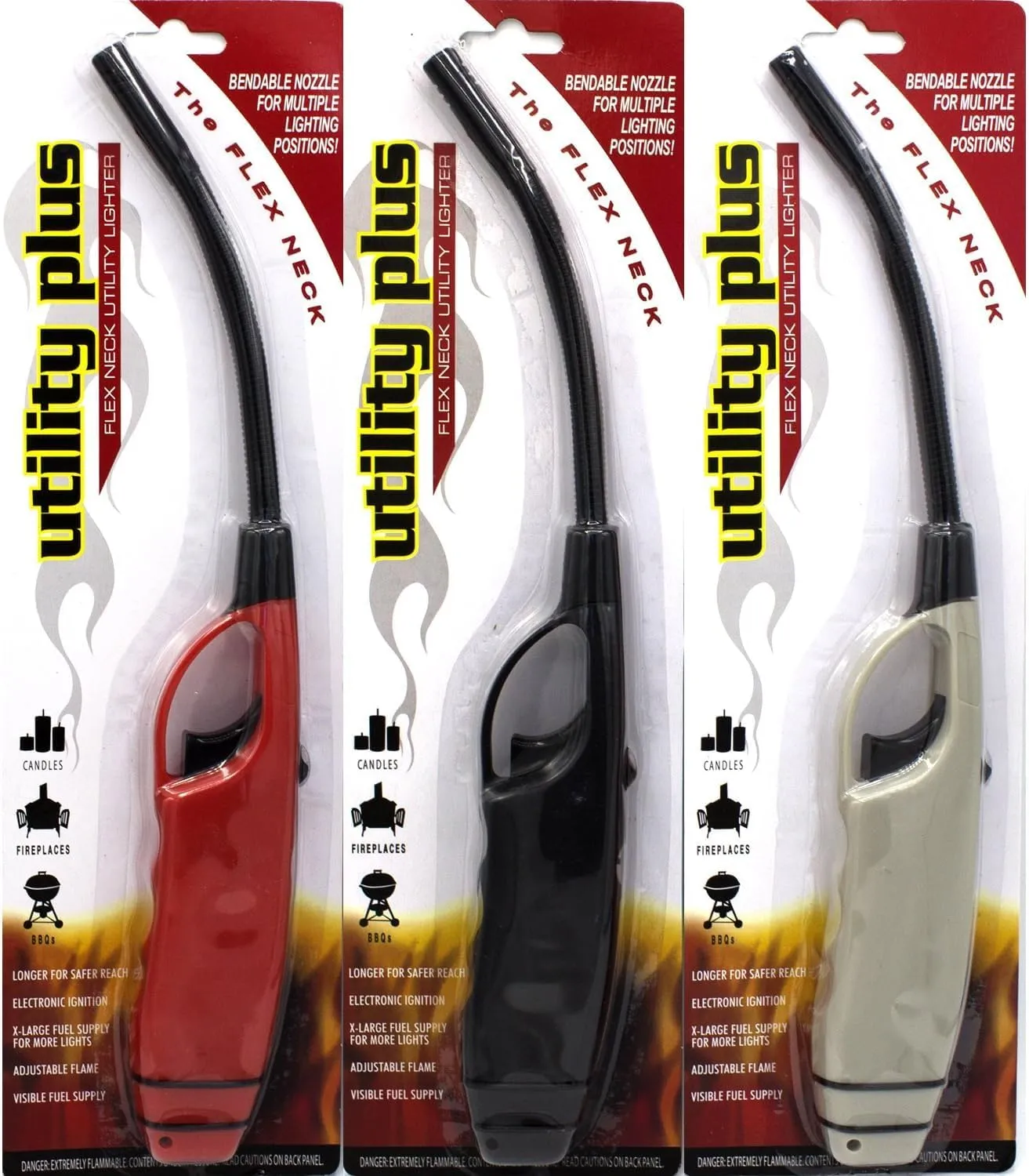 BEST BRANDS USA Long Flex Neck BBQ Lighters, Multi-Purpose for Grill, Fireplace, Stove, Value Pack of 3, Red/Black/White, WCFLEX3