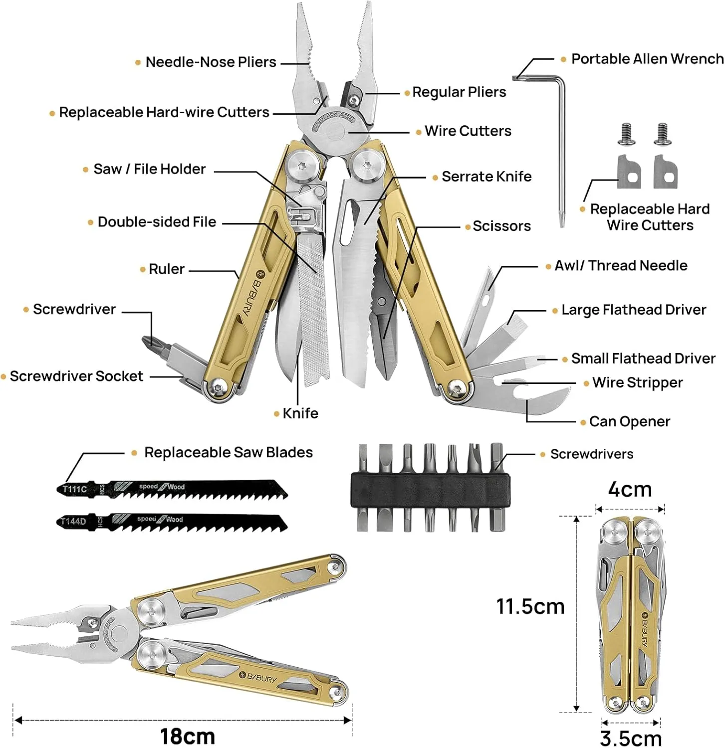 BIBURY Multitool Pliers, 31-in-1 Stainless Steel Multi Tool with Replaceable Wire Cutters and Saw, Foldable Heavy-duty Multitool Set with Scissors and Screwdriver for Hiking Camping Survival Repair