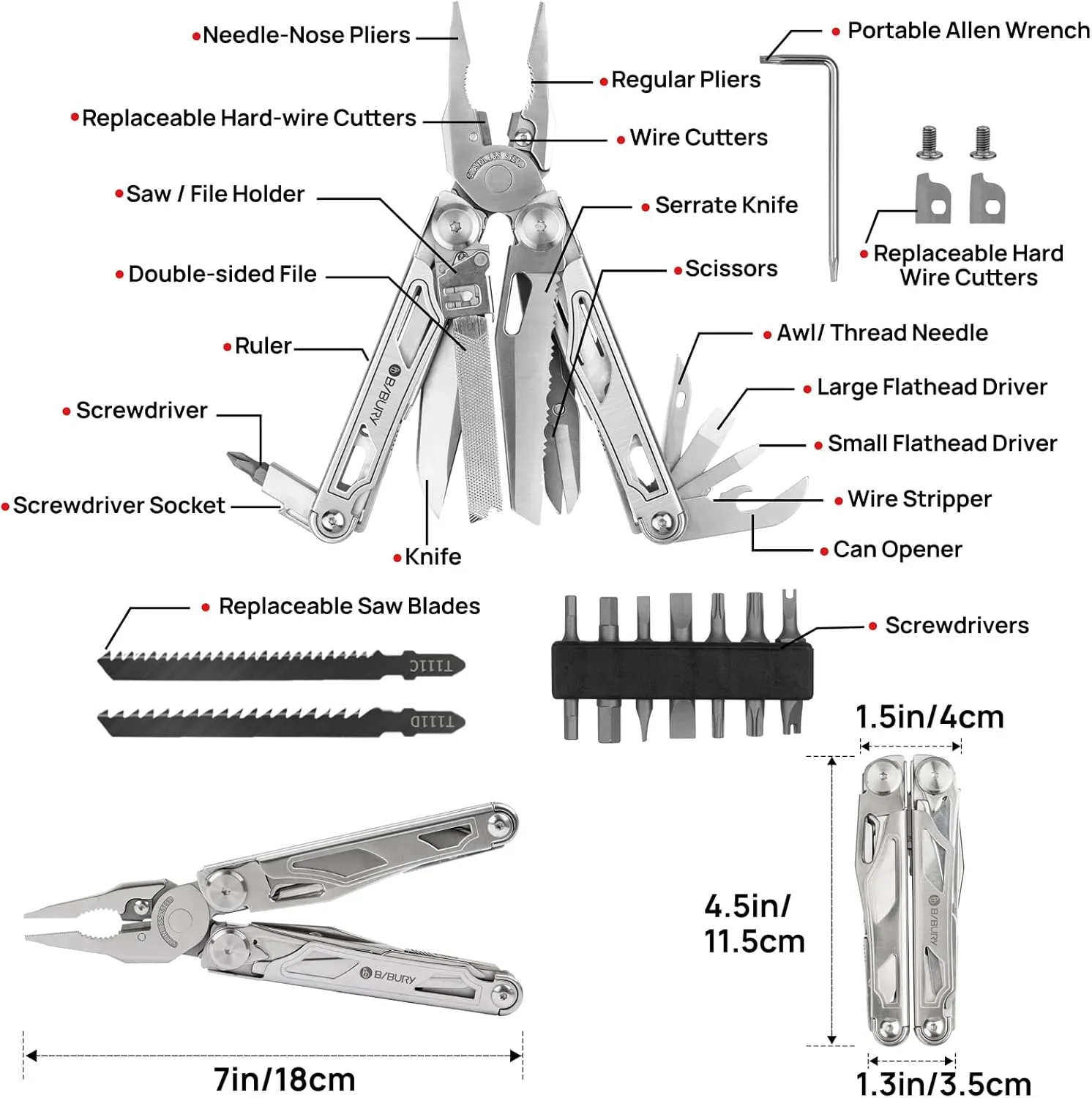 BIBURY Multitool Pliers, Stainless Steel Multi Tool Pliers with Replaceable Wire Cutters and Saw, Foldable Multitools with Scissors and Screwdriver, Ideal for Camping, Hiking, Survival, Repair