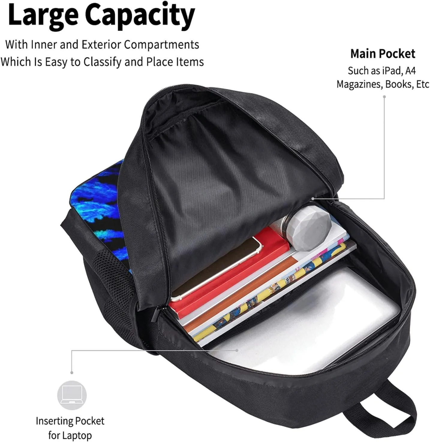 Big Capacity Rucksack, for Blue Tie Dye Multipurpose Anti-Theft Bookbag with Shoulder Straps, Casual College Daypack, Travel Hiking Backpack Rucksack