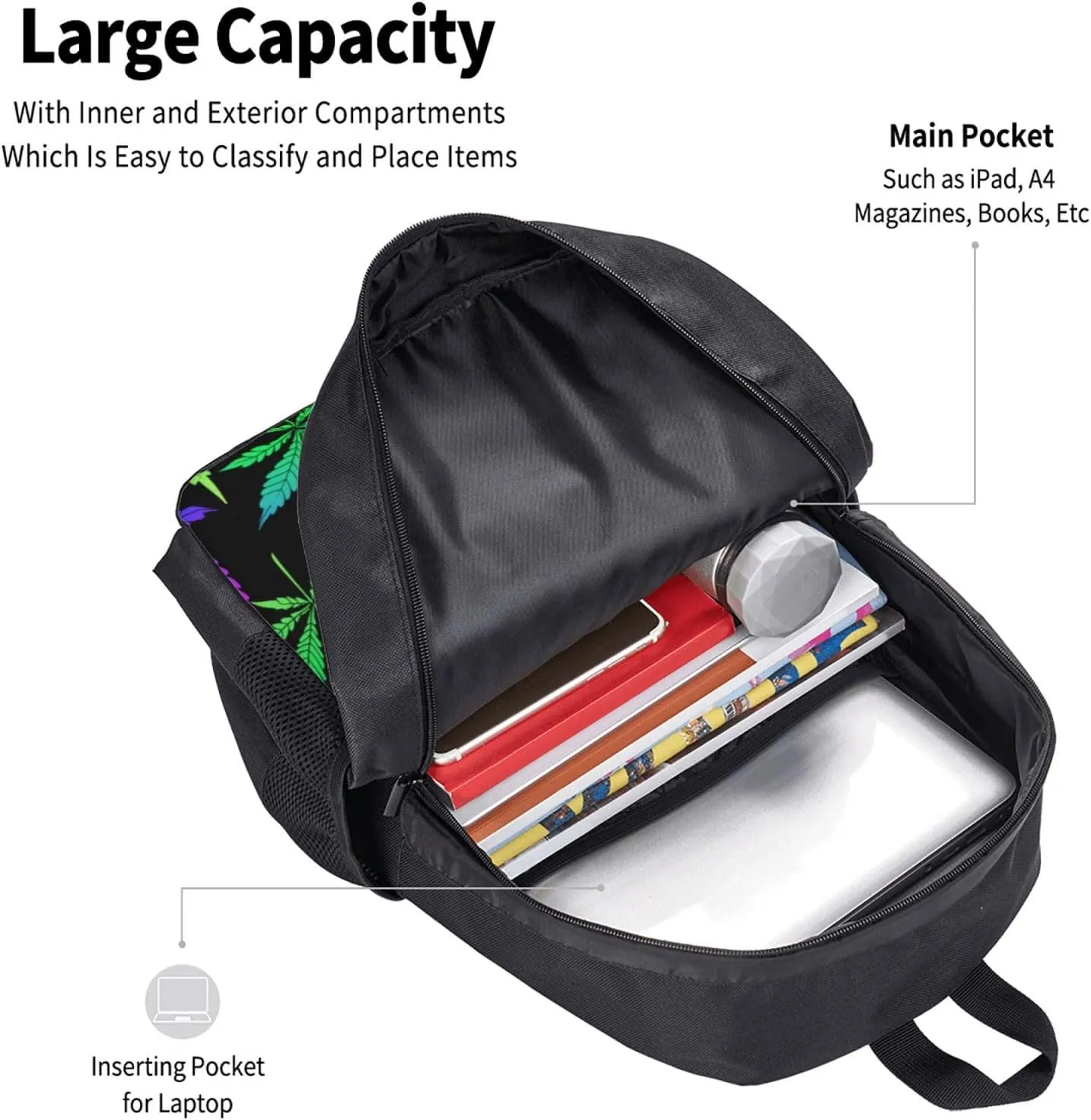 Big Capacity Rucksacks, for Neon Weedleaf Leaves Anti-Theft Multipurpose Bookbag with Shoulder Straps, Shoulder Book Bags, Travel Hiking Daypack Laptop Backpack