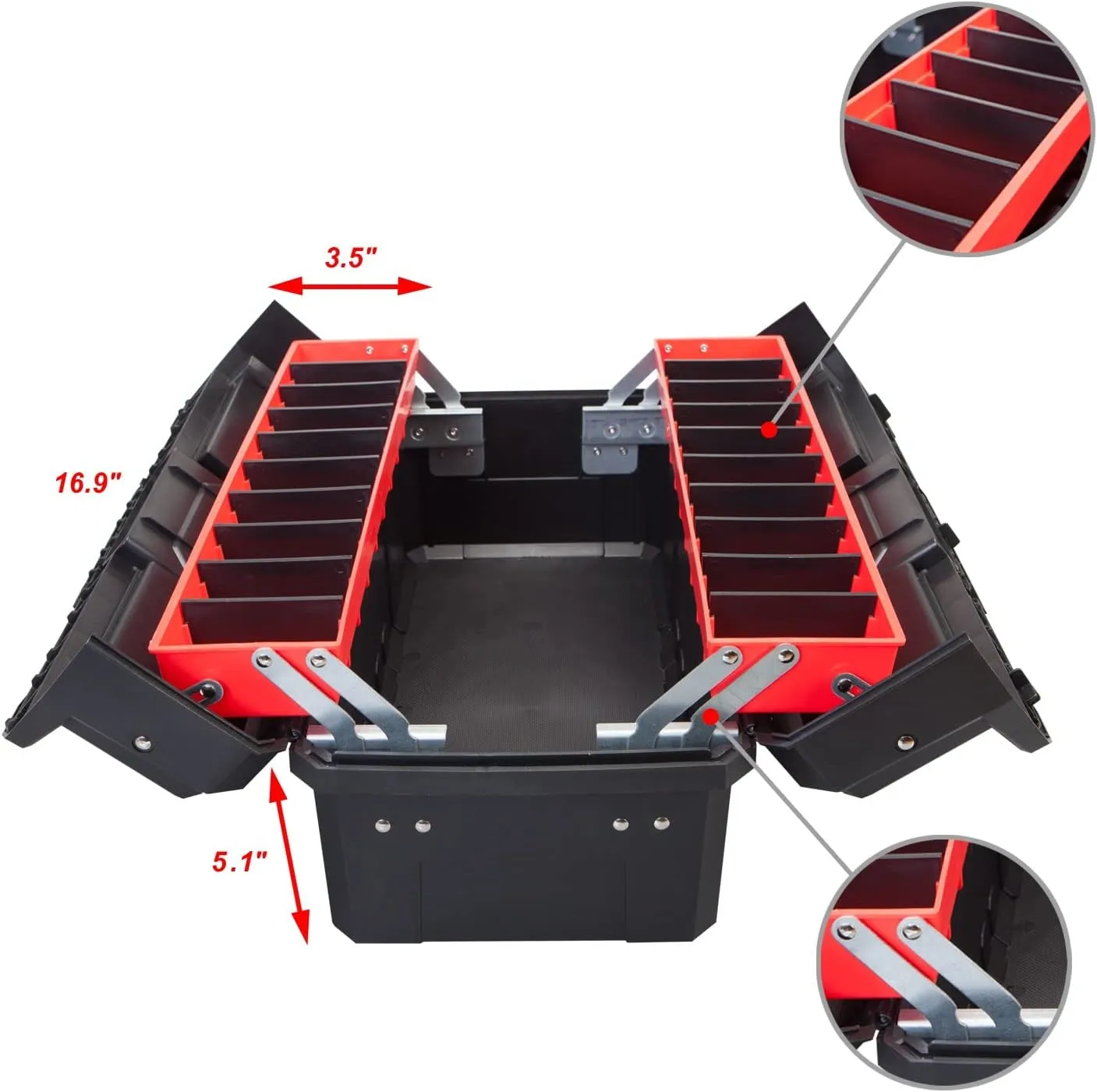 BIG RED AZ500R Torin Double Folding Multi-Function Portable Plastic Storage Tool Box with Removable Sheets, Organizer Tray and Clear Lid - Black/Red