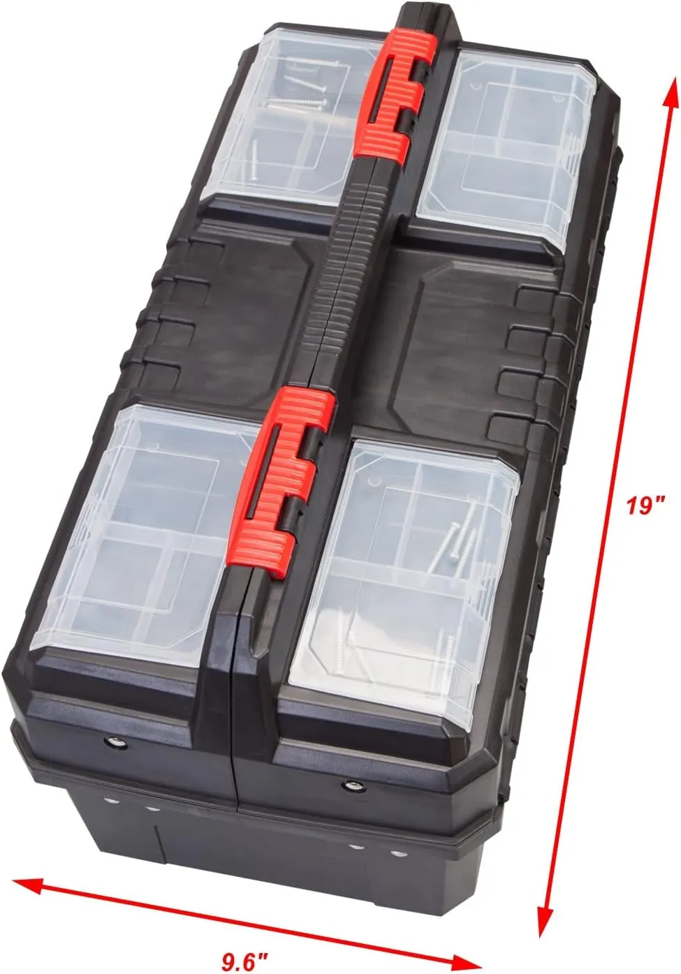 BIG RED AZ500R Torin Double Folding Multi-Function Portable Plastic Storage Tool Box with Removable Sheets, Organizer Tray and Clear Lid - Black/Red