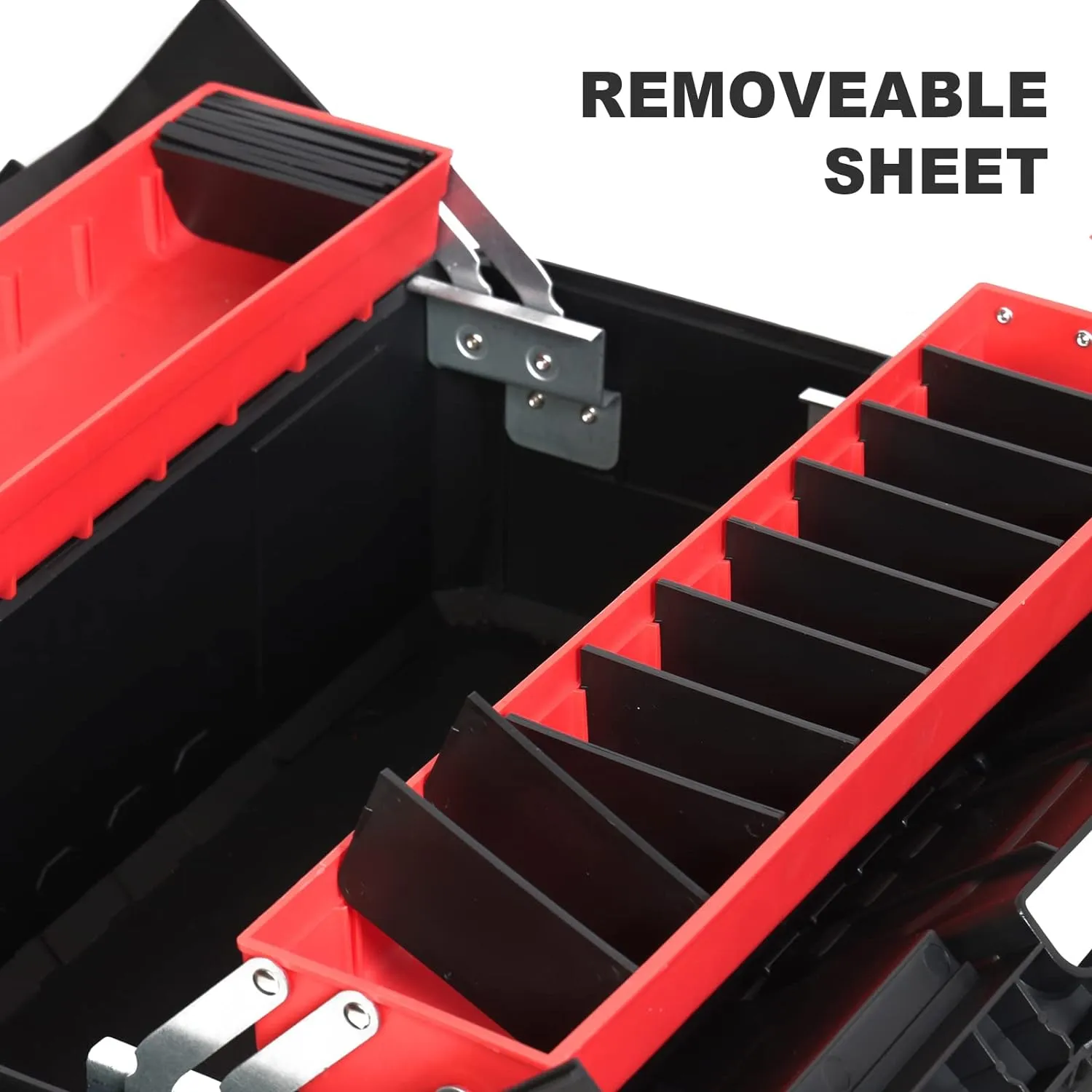 BIG RED AZ500R Torin Double Folding Multi-Function Portable Plastic Storage Tool Box with Removable Sheets, Organizer Tray and Clear Lid - Black/Red