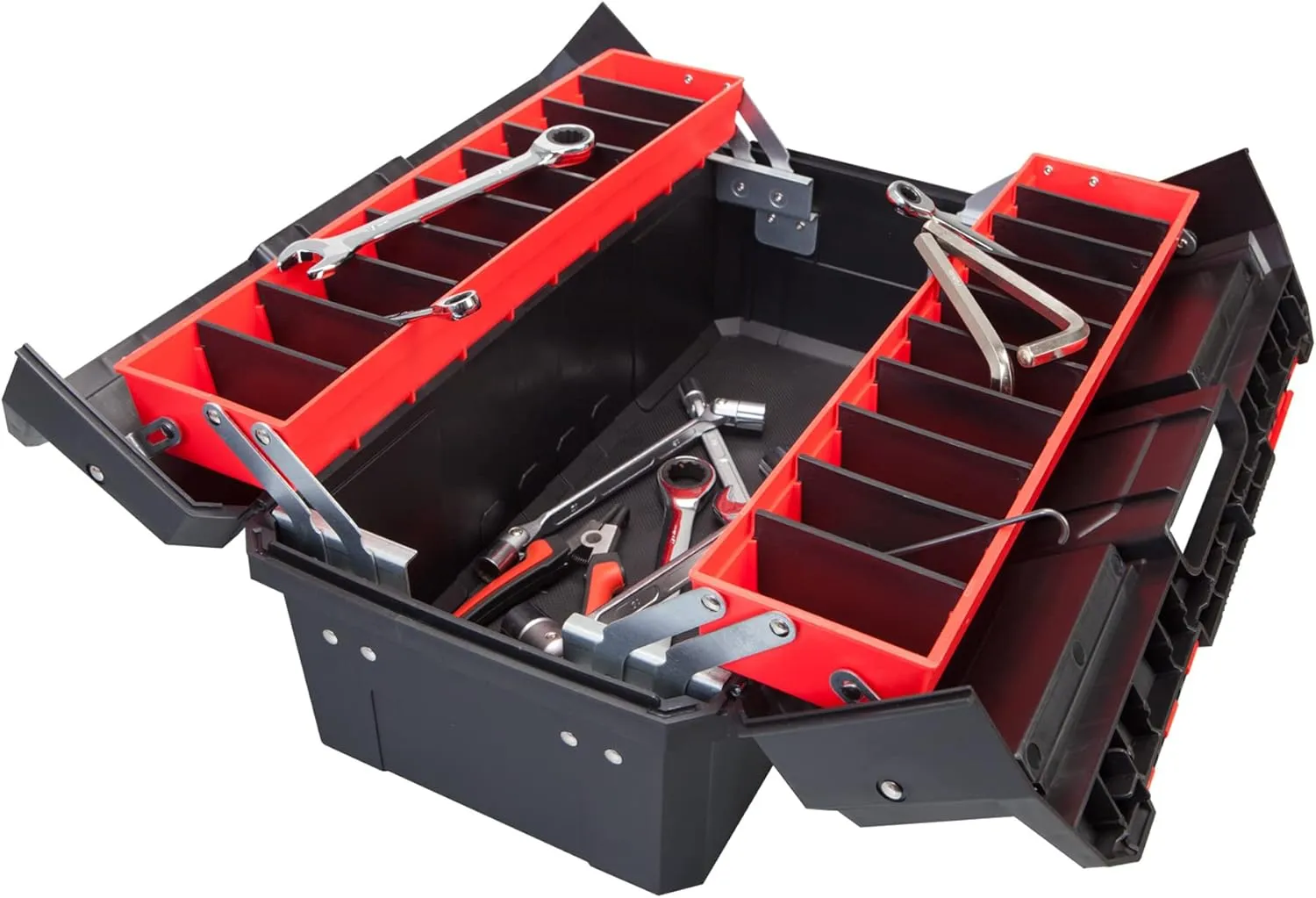 BIG RED AZ500R Torin Double Folding Multi-Function Portable Plastic Storage Tool Box with Removable Sheets, Organizer Tray and Clear Lid - Black/Red