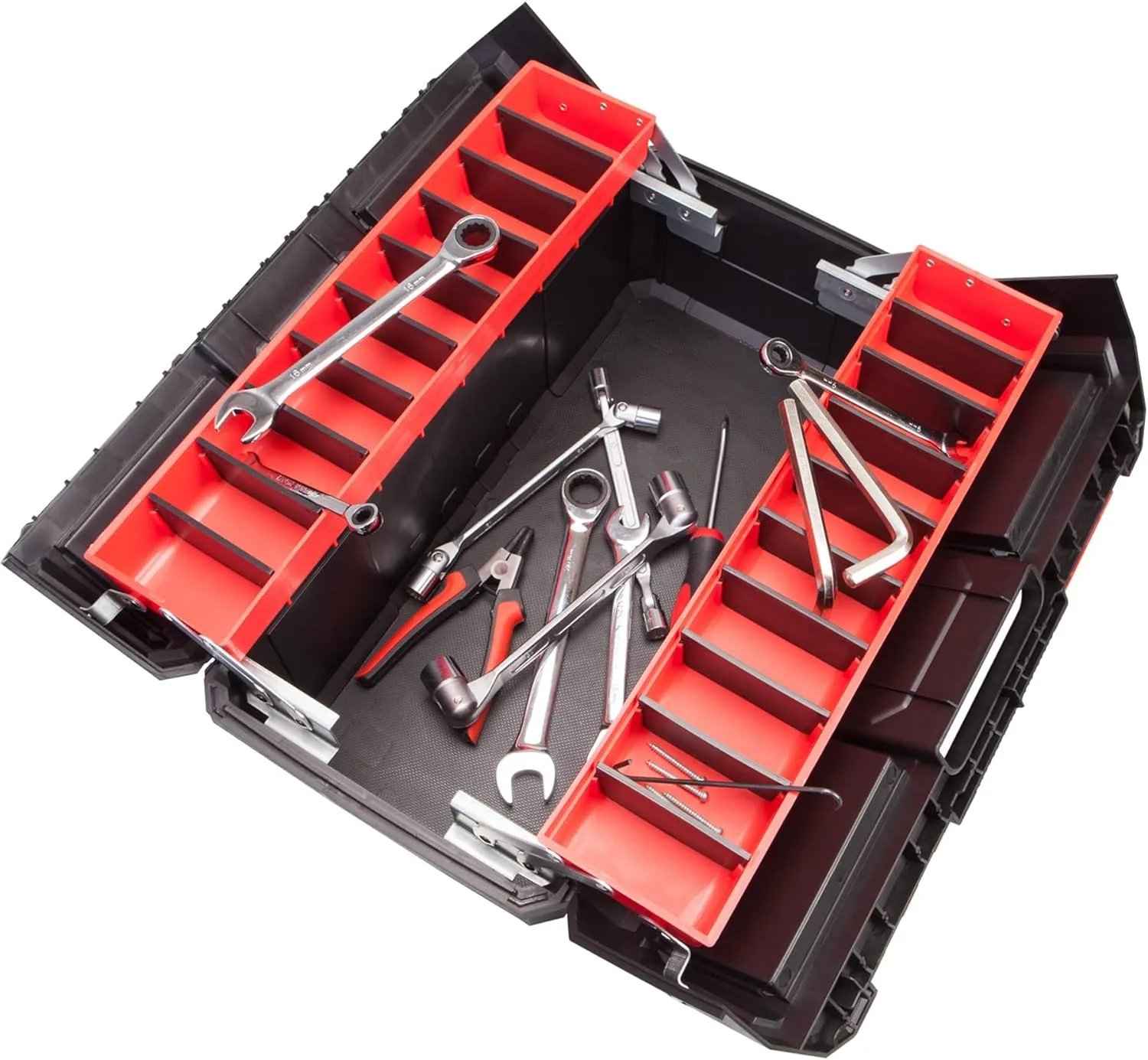 BIG RED AZ500R Torin Double Folding Multi-Function Portable Plastic Storage Tool Box with Removable Sheets, Organizer Tray and Clear Lid - Black/Red