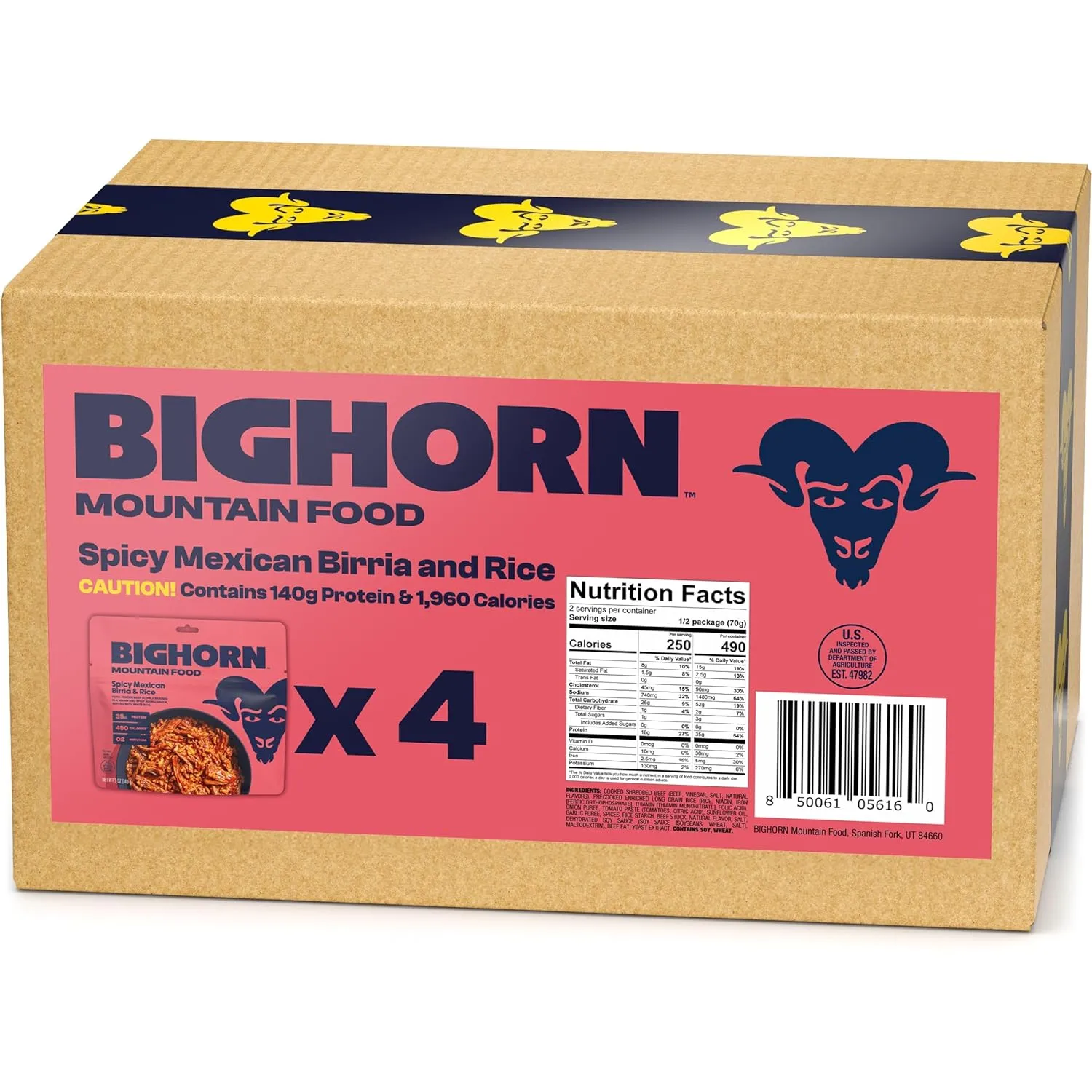 BIGHORN Mountain Food Spicy Mexican Birria and Rice - contains 4 packs | 8 servings | 140g Protein | 1,960 Calories - premium freeze dried meals for backpacking food - dehydrated camping food for backpacking meal - just add water - great taste