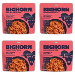 BIGHORN Mountain Food Spicy Mexican Birria and Rice - contains 4 packs | 8 servings | 140g Protein | 1,960 Calories - premium freeze dried meals for backpacking food - dehydrated camping food for backpacking meal - just add water - great taste