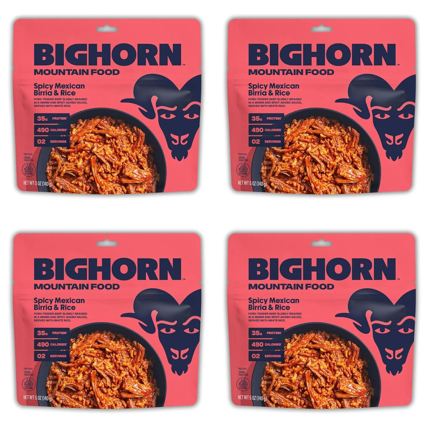 BIGHORN Mountain Food Spicy Mexican Birria and Rice - contains 4 packs | 8 servings | 140g Protein | 1,960 Calories - premium freeze dried meals for backpacking food - dehydrated camping food for backpacking meal - just add water - great taste