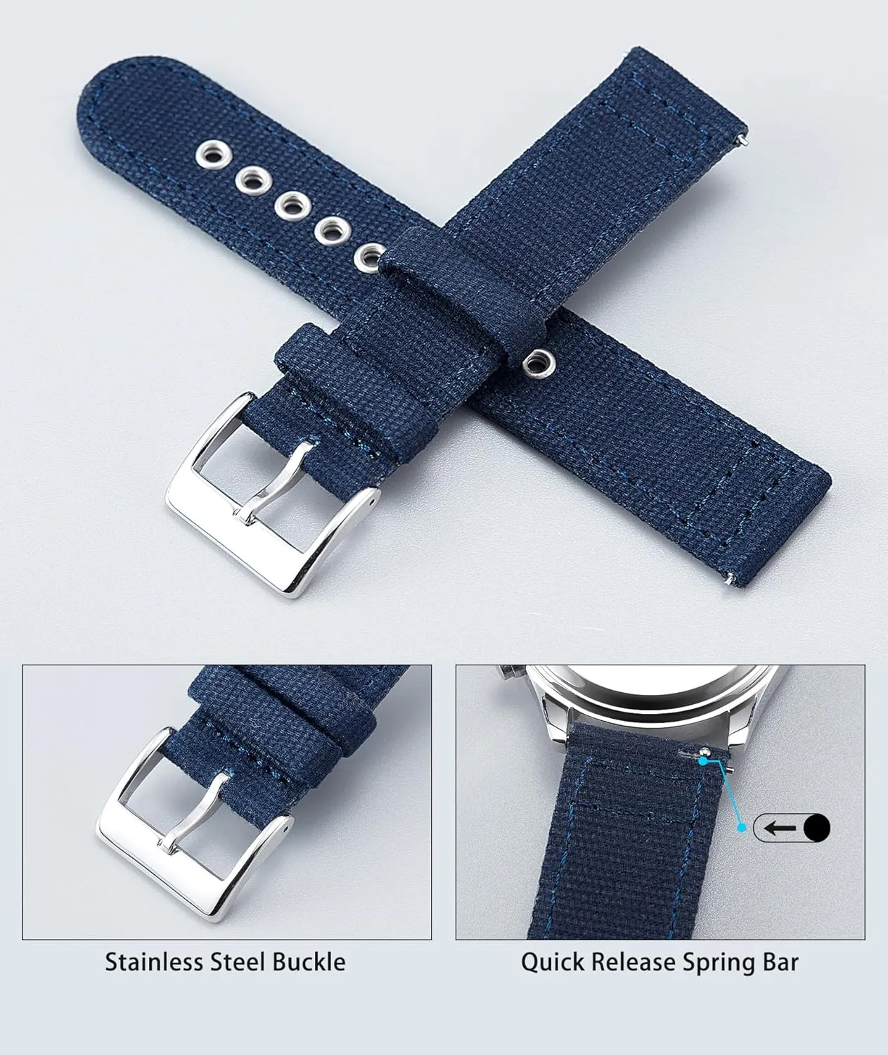 BINLUN Canvas Watch Bands Quick Release Sail Cloth Watch Straps Replacement 18mm 20mm 22mm 24mm Cotton Fabric Watchband for Men and Women with Silver/Black Buckle