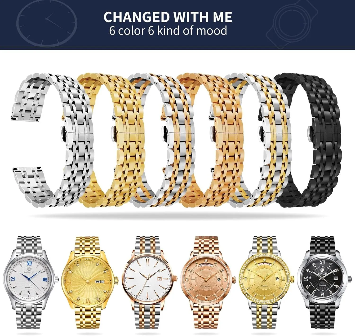 BINLUN Stainless Steel Watch Band High-end Replacement Watch Band 6 Color for Women Men(Gold, Silver, Black, Rose Gold, Gold Tone, Rose Gold Tone) 13 Size (12mm - 24mm)