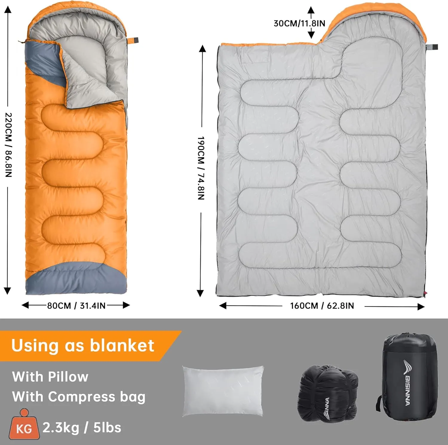 BISINNA 0 Degree Winter Sleeping Bags(480GSM) for Adults-Cold Weather Camping Sleeping Bag-Comfortable Warm Portable Sleeping Bags with Pillow Compression Sack for Backpacking Hiking Outdoor