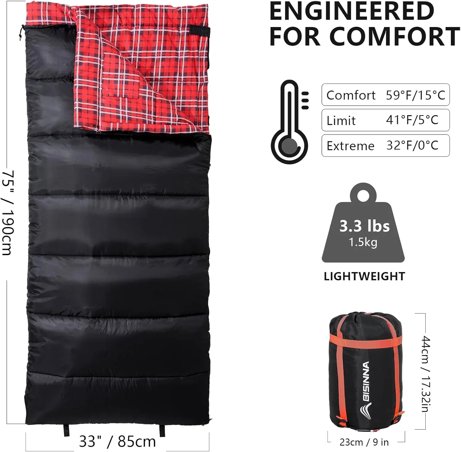 BISINNA Cotton Flannel Sleeping Bag for Adults Backpacking Camping Sleeping Bag 3 Season Envelope Sleeping Bags for Hiking
