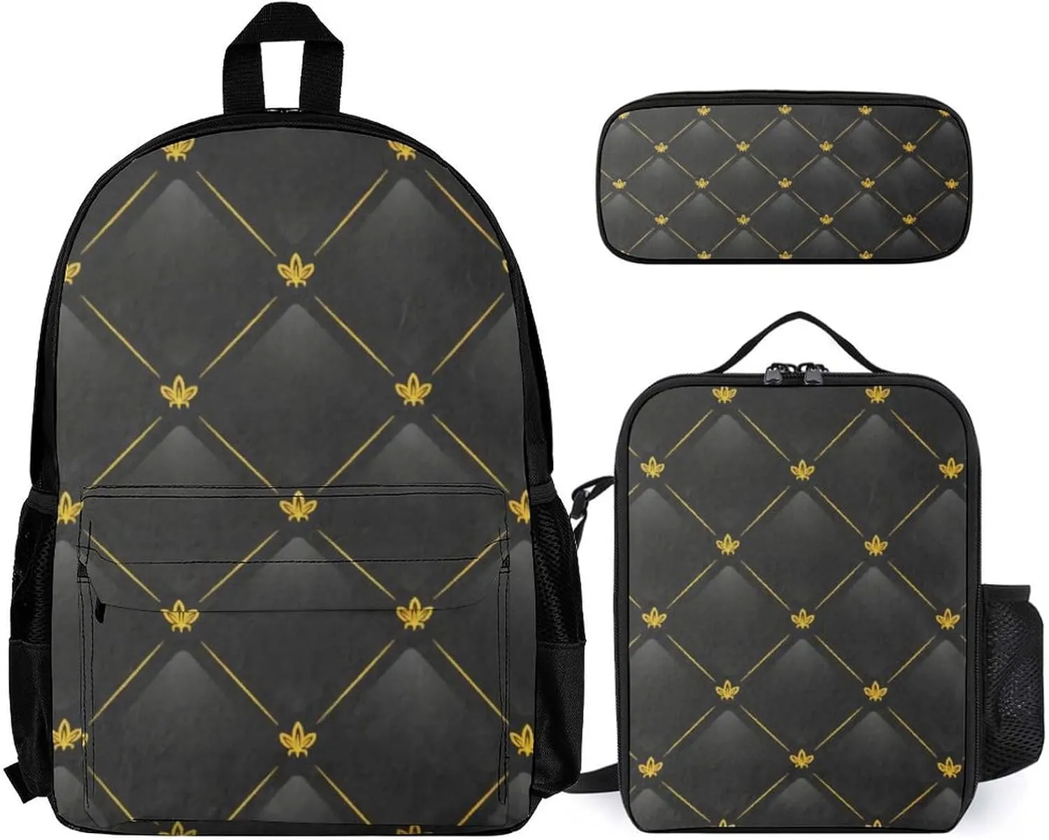 Black And Gold Lightweight Pocket Backpack Crossbody Lunch Bag Set Unisex