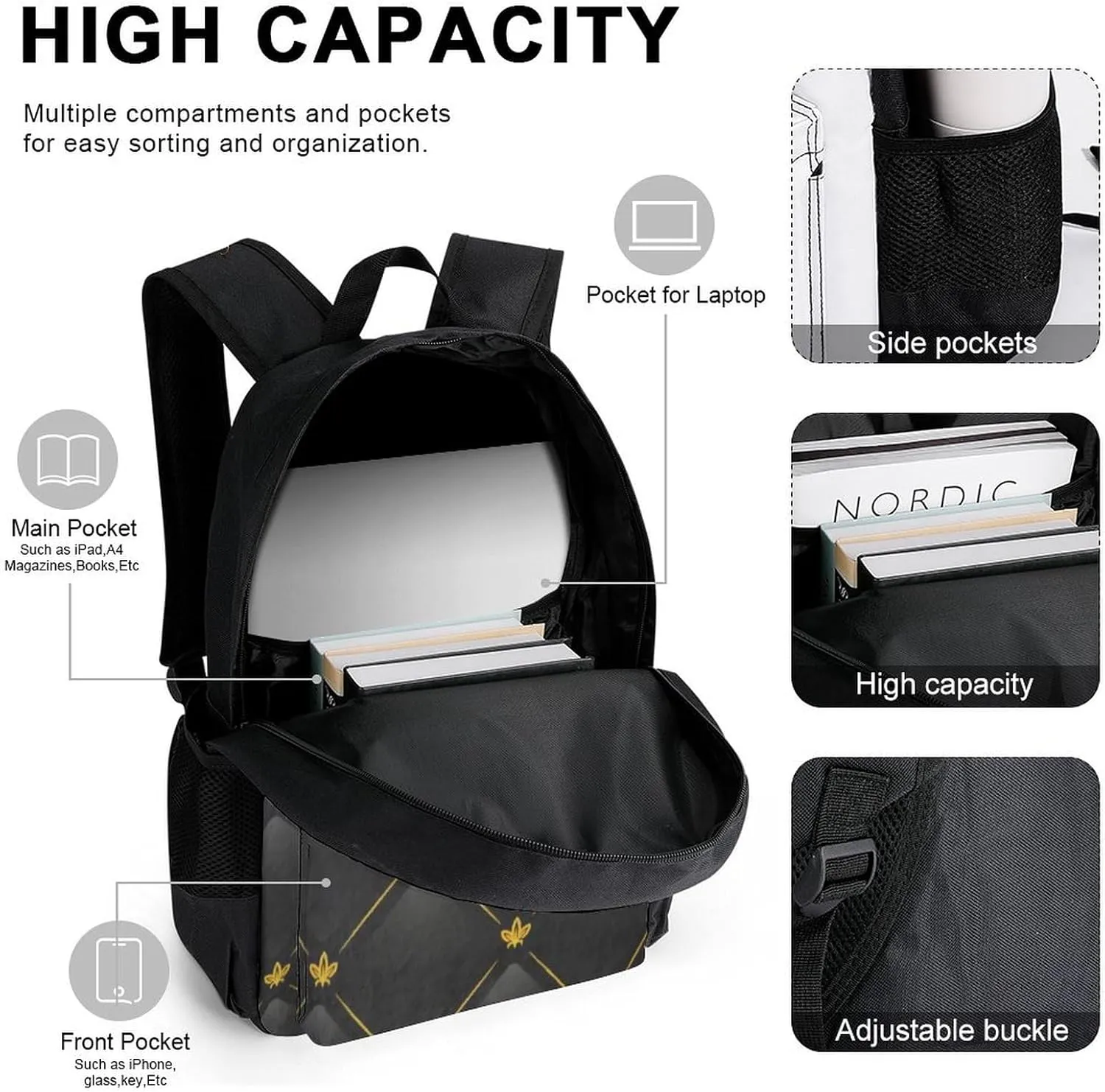 Black And Gold Lightweight Pocket Backpack Crossbody Lunch Bag Set Unisex