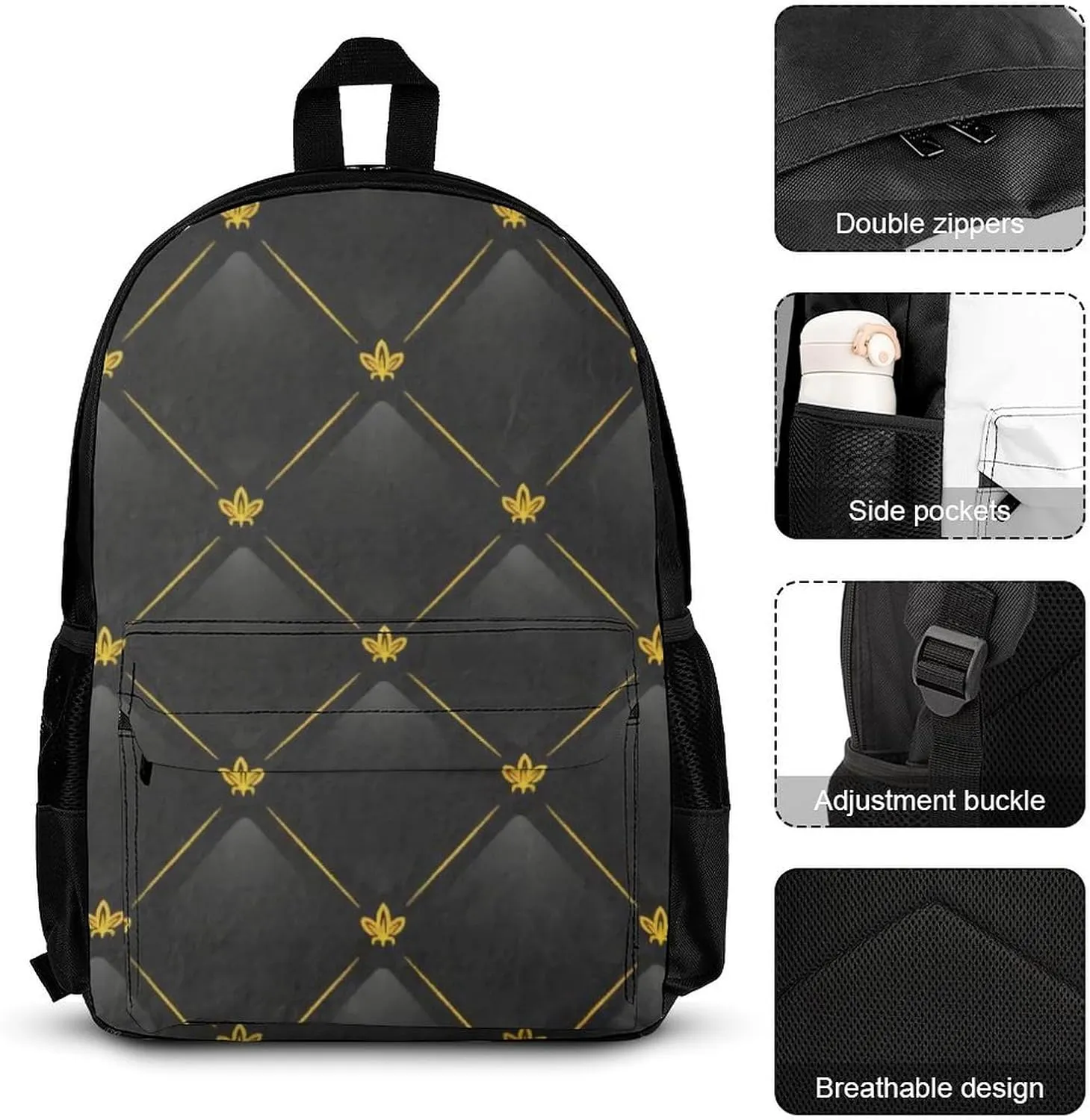 Black And Gold Lightweight Pocket Backpack Crossbody Lunch Bag Set Unisex