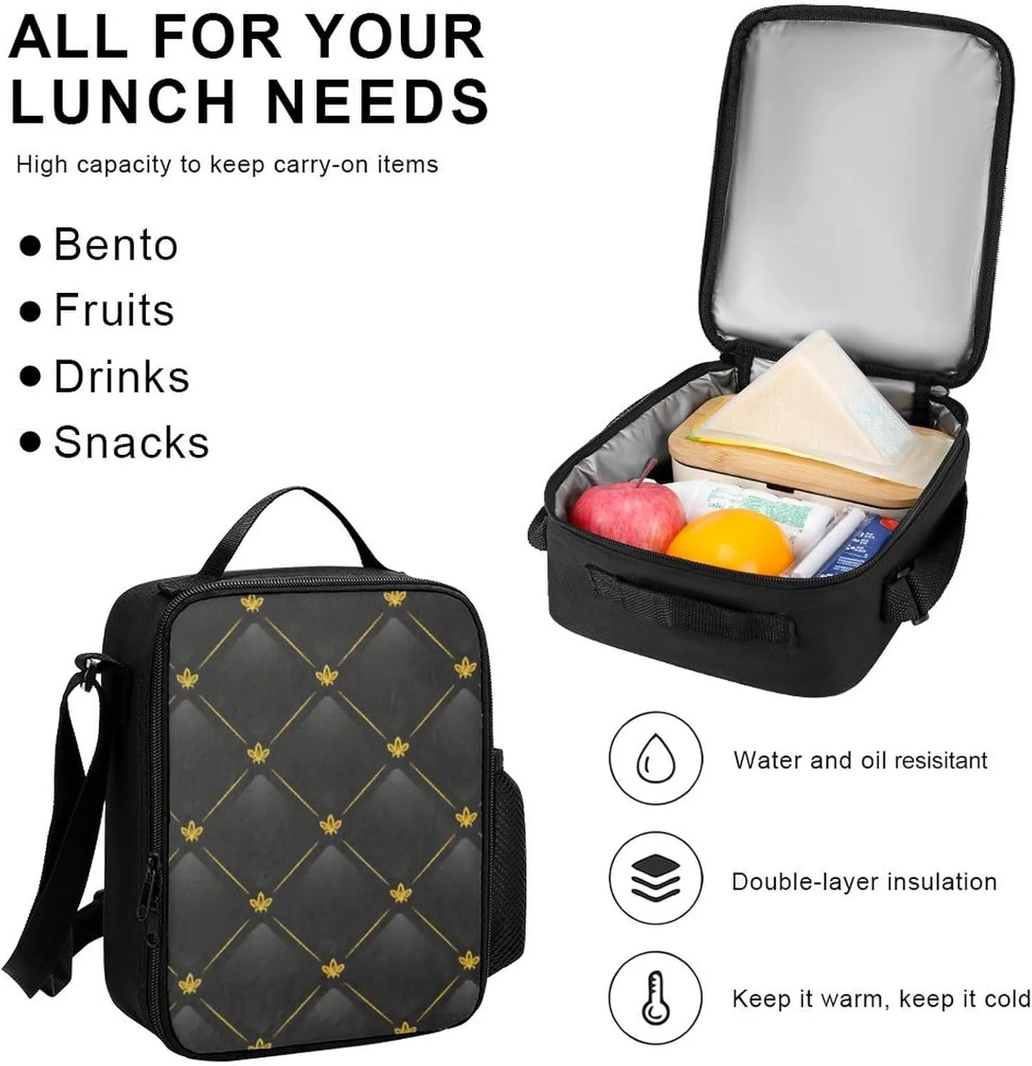 Black And Gold Lightweight Pocket Backpack Crossbody Lunch Bag Set Unisex