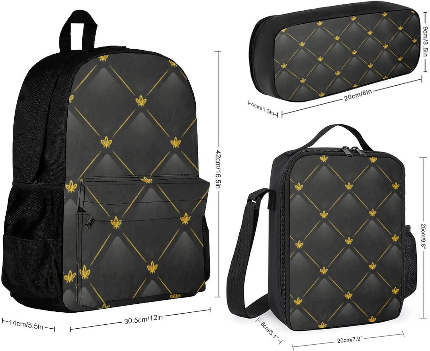Black And Gold Lightweight Pocket Backpack Crossbody Lunch Bag Set Unisex