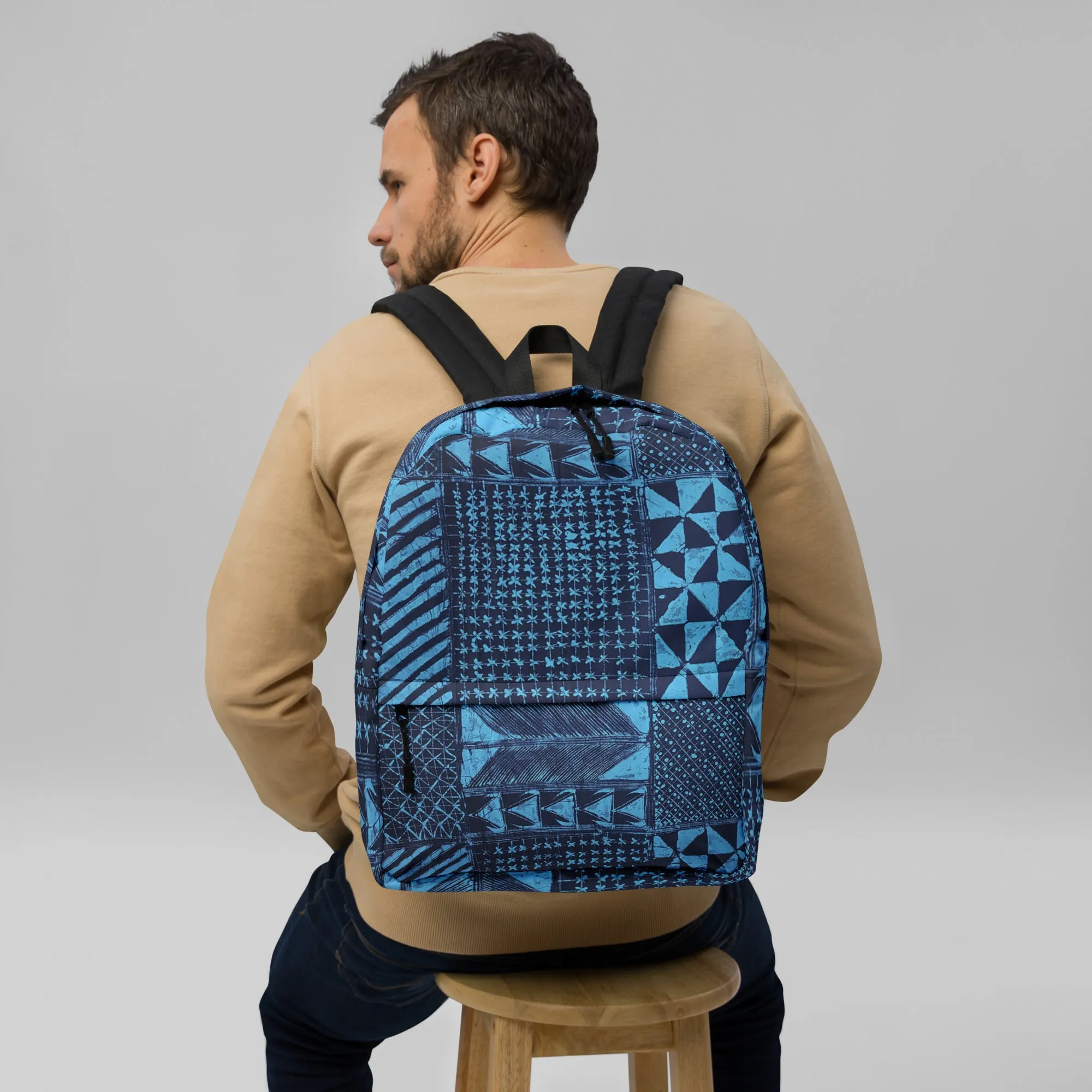 Black And Turquoise Shapes Adire Backpack