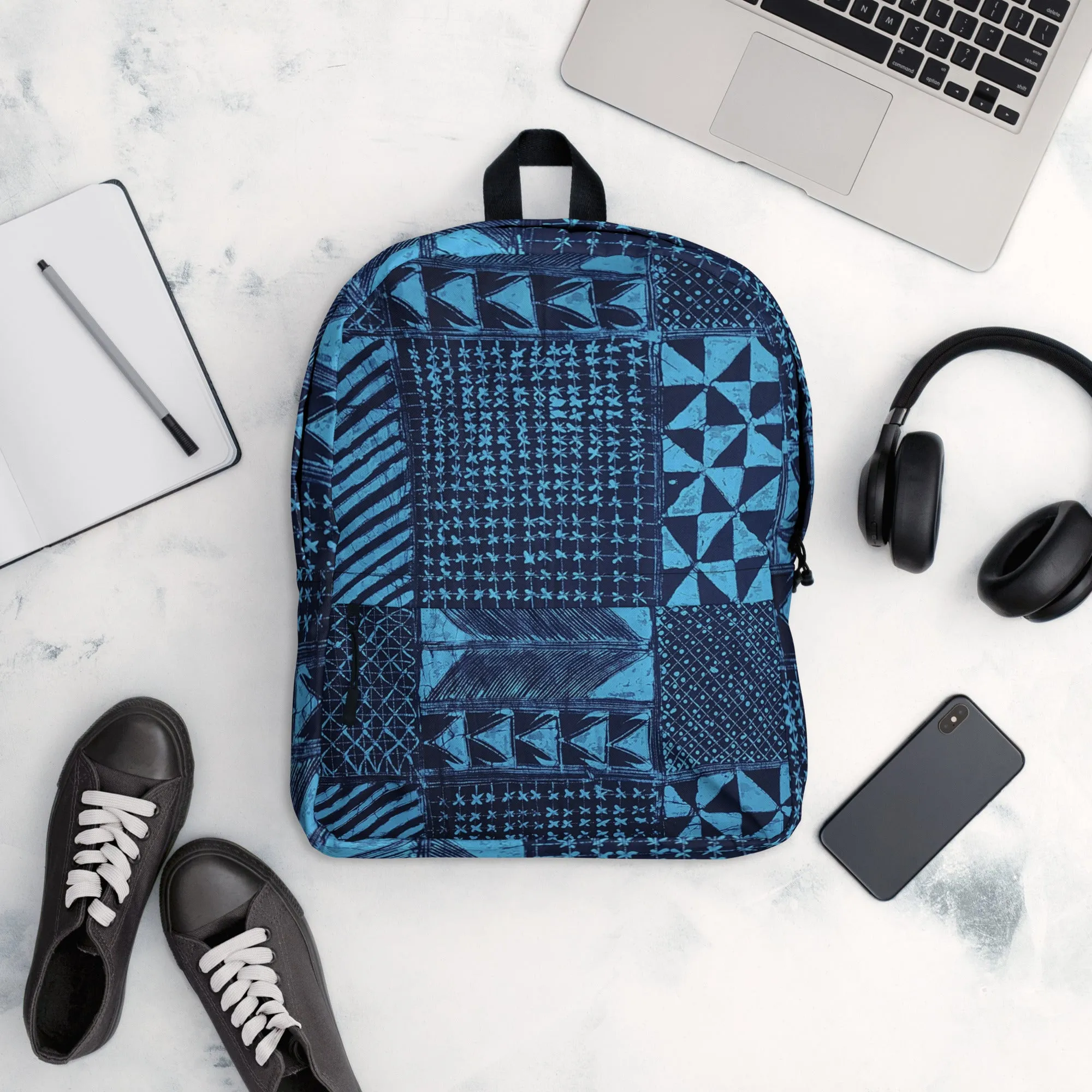 Black And Turquoise Shapes Adire Backpack