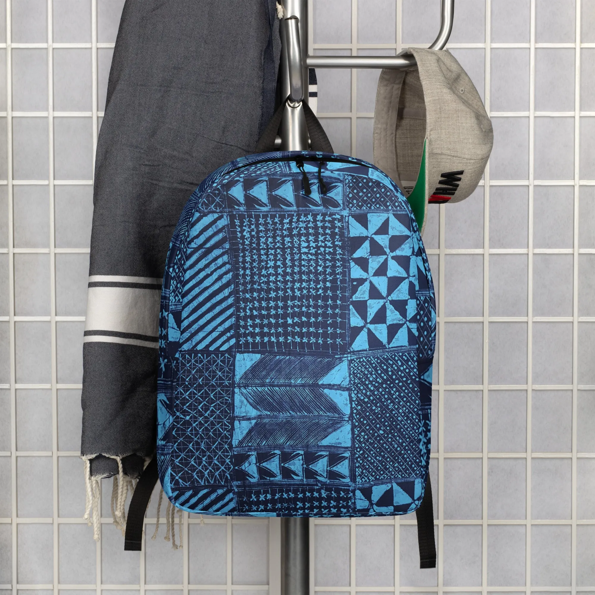 Black And Turquoise Shapes Adire Minimalist Backpack