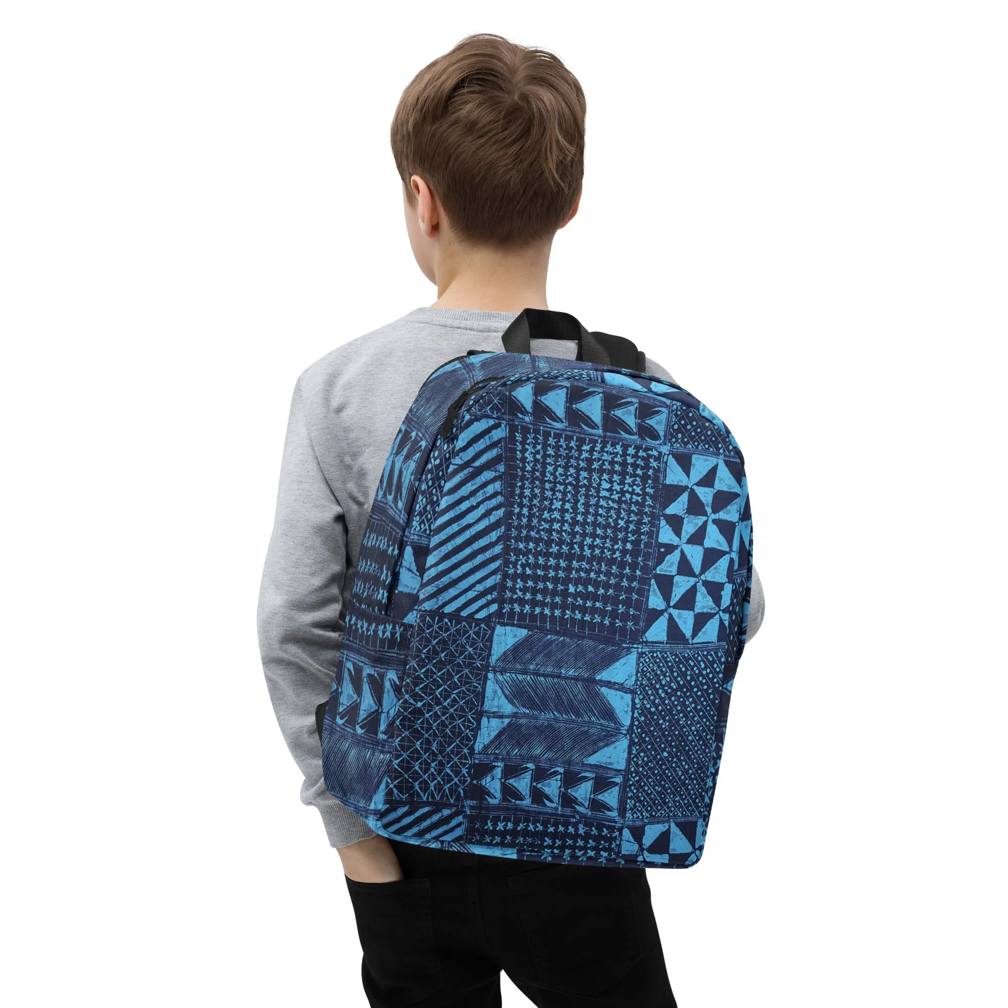 Black And Turquoise Shapes Adire Minimalist Backpack