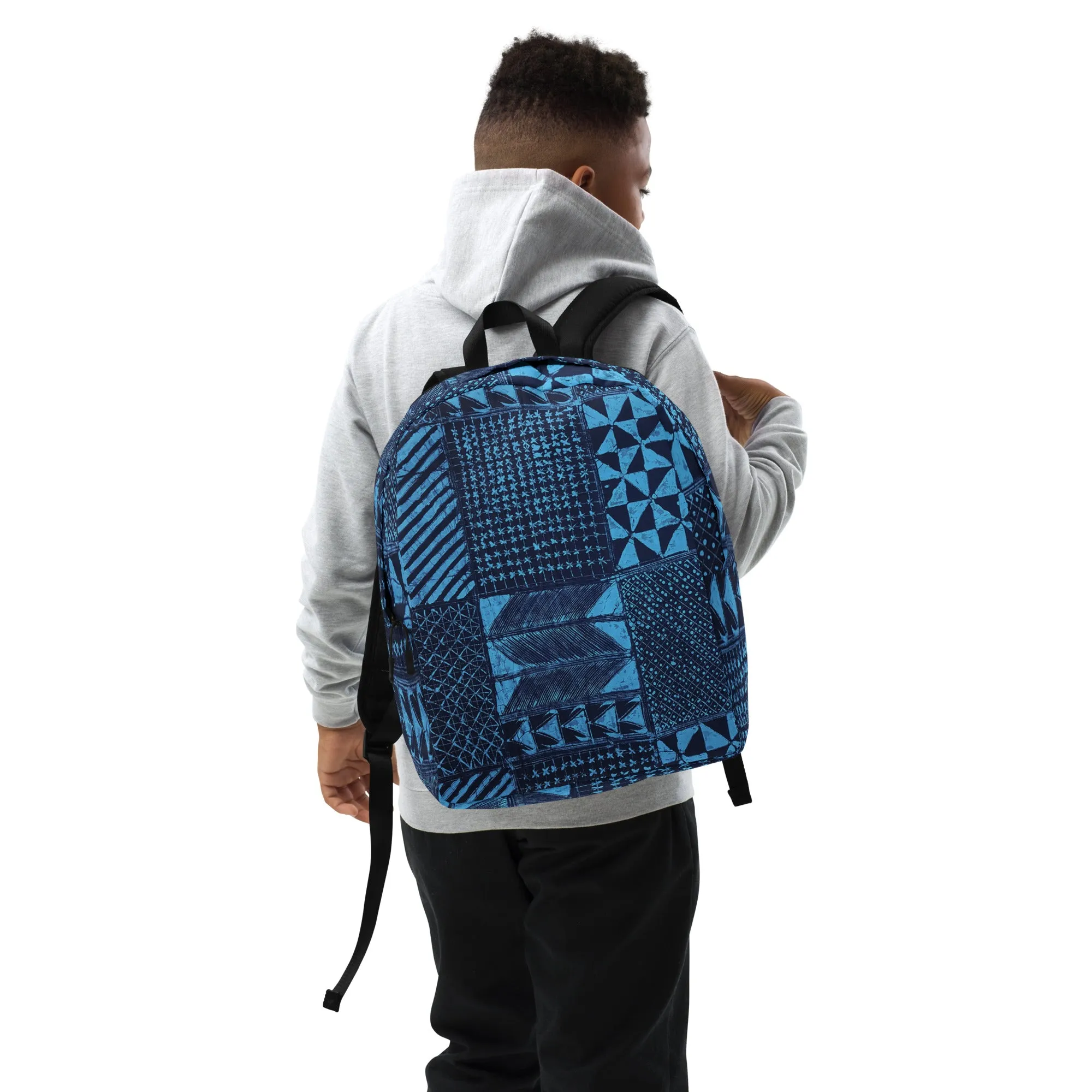 Black And Turquoise Shapes Adire Minimalist Backpack