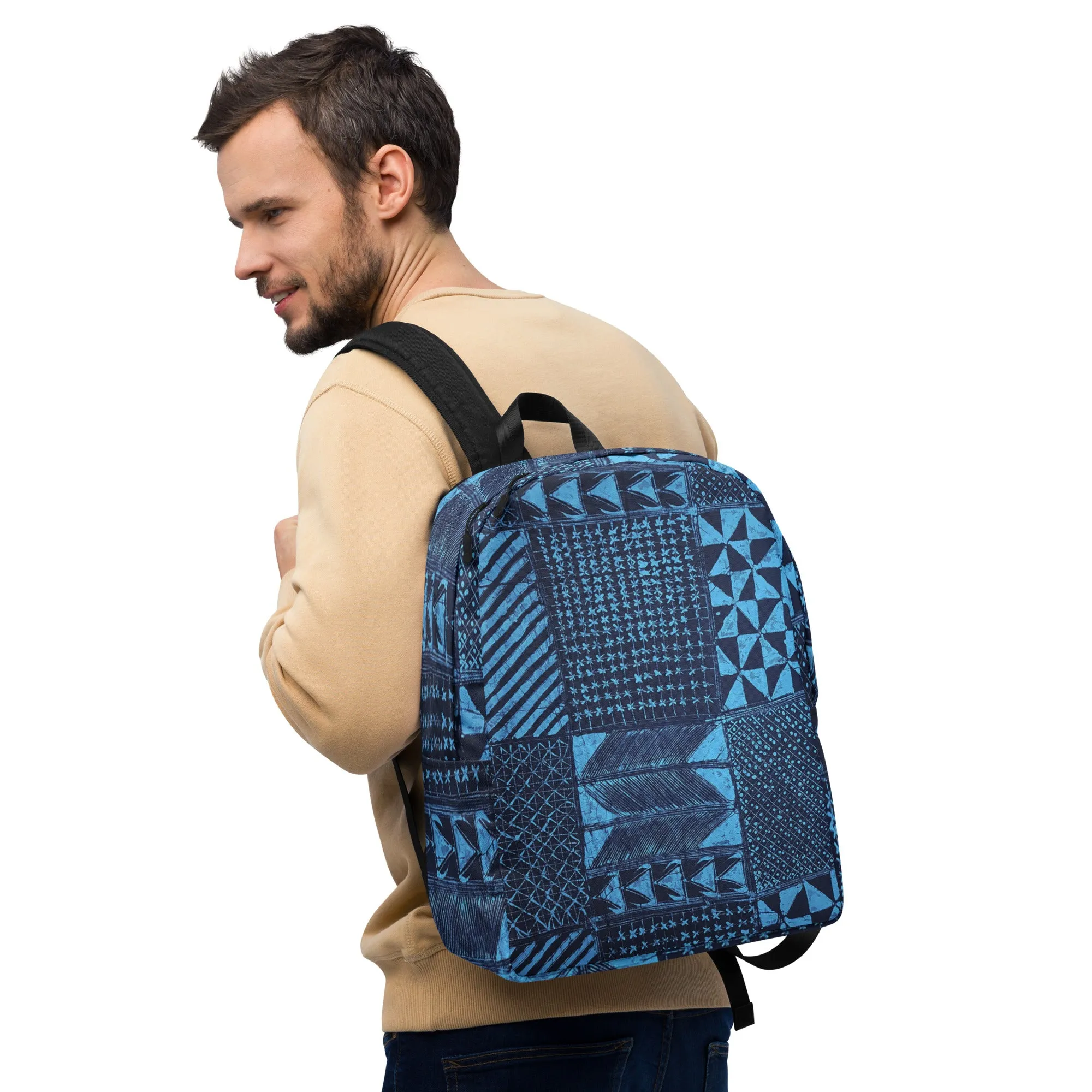 Black And Turquoise Shapes Adire Minimalist Backpack