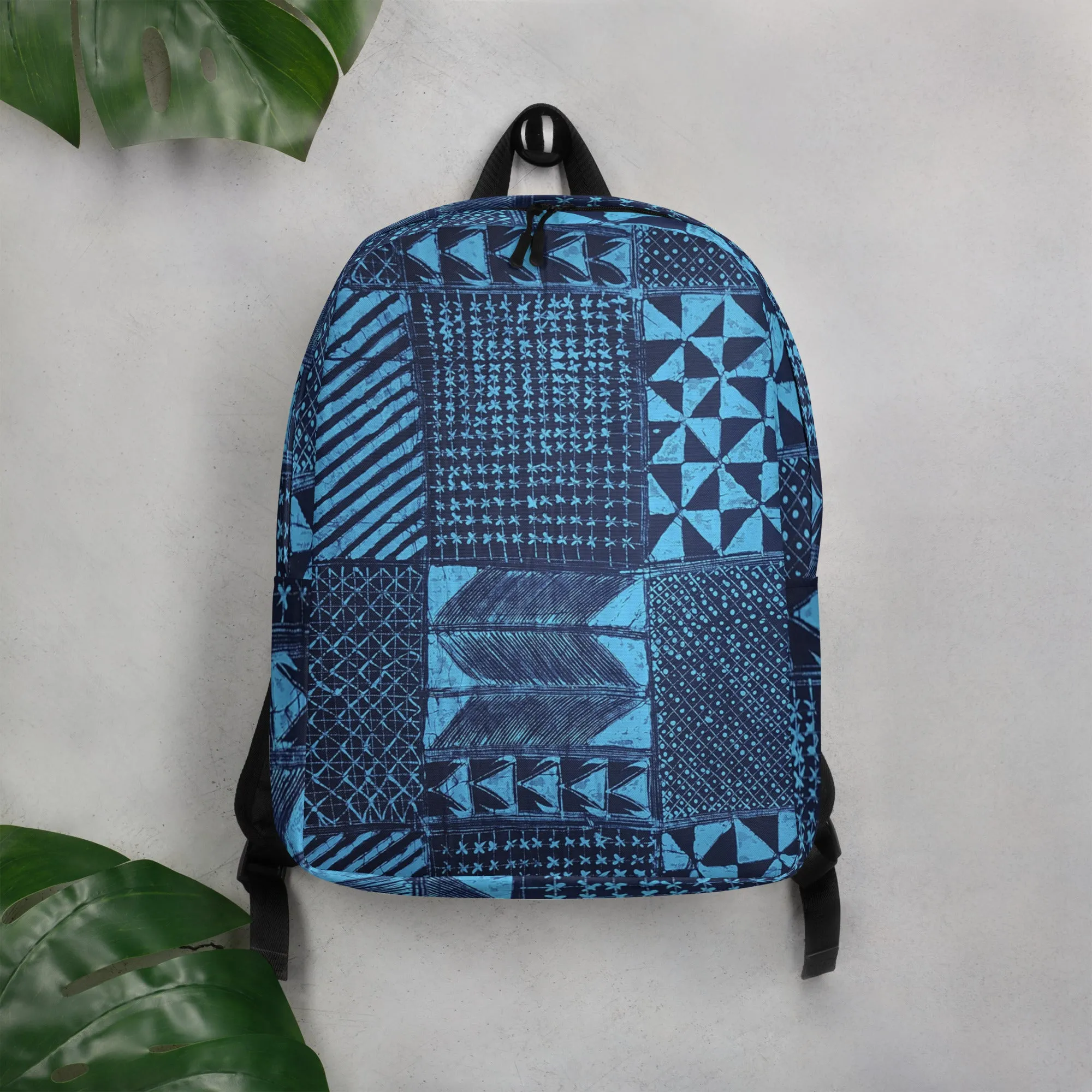 Black And Turquoise Shapes Adire Minimalist Backpack