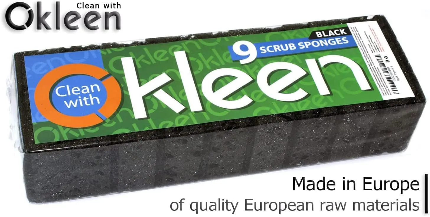 Black Multi Use Scrub Sponges. Made in Europe. 18 Pack, 4.3x2.8x1.4 inches. Heavy Duty Fiber. Odorless Durable Scrubber for Kitchen and Household Cleaning