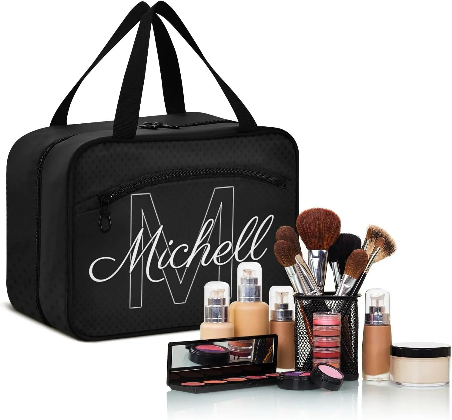 Black Personalized Hanging Travel Toiletry Bag for Women Men Custom Makeup Organizer with bottles & hanging hook Cosmetic Bag for Toiletries Traveling Outdoors Hotel Bathroom