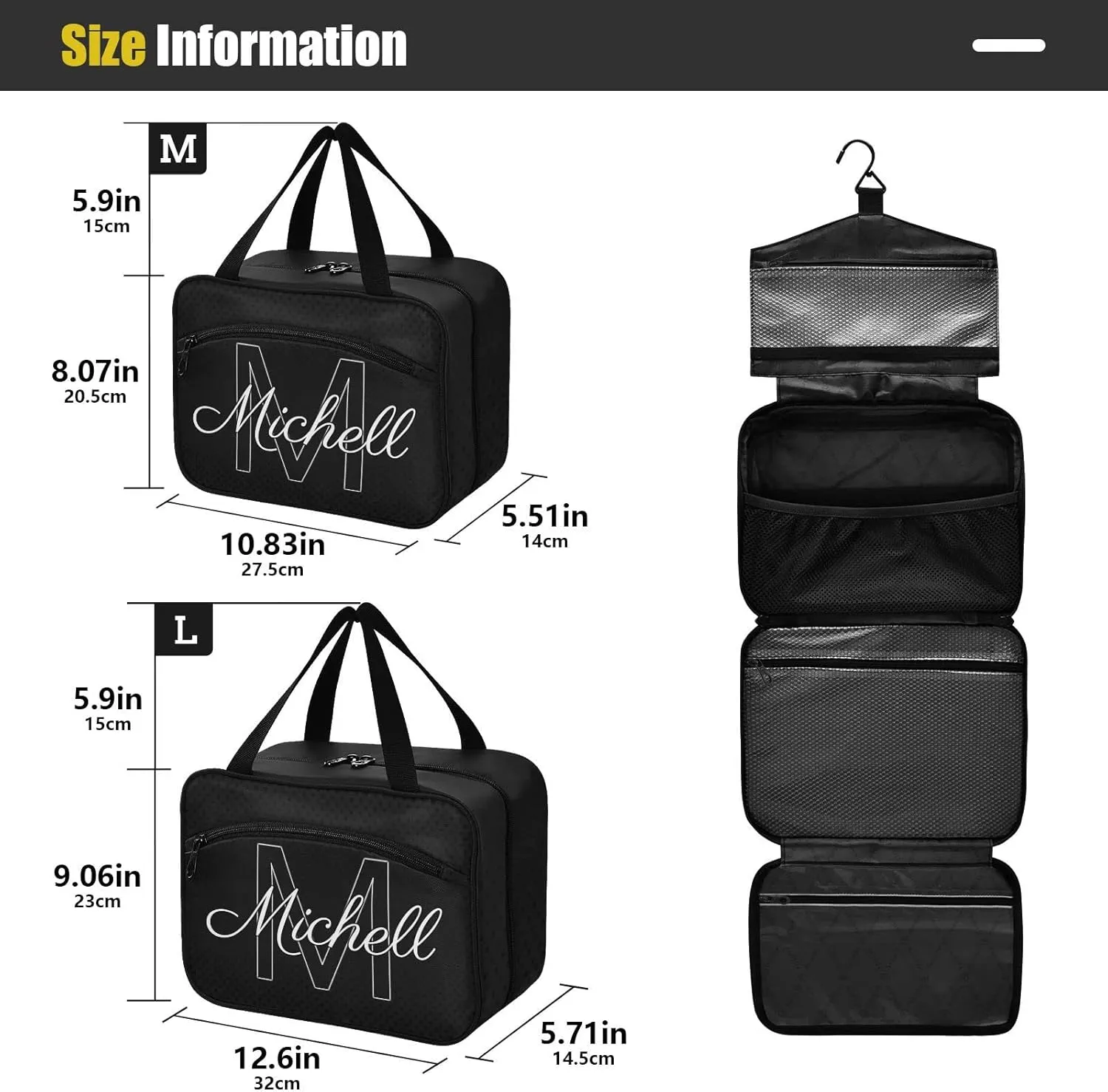 Black Personalized Hanging Travel Toiletry Bag for Women Men Custom Makeup Organizer with bottles & hanging hook Cosmetic Bag for Toiletries Traveling Outdoors Hotel Bathroom