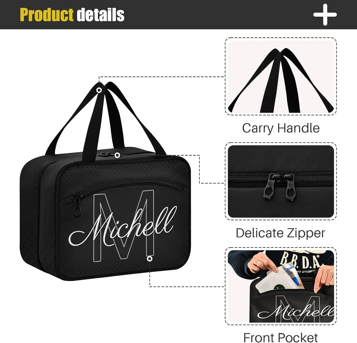 Black Personalized Hanging Travel Toiletry Bag for Women Men Custom Makeup Organizer with bottles & hanging hook Cosmetic Bag for Toiletries Traveling Outdoors Hotel Bathroom