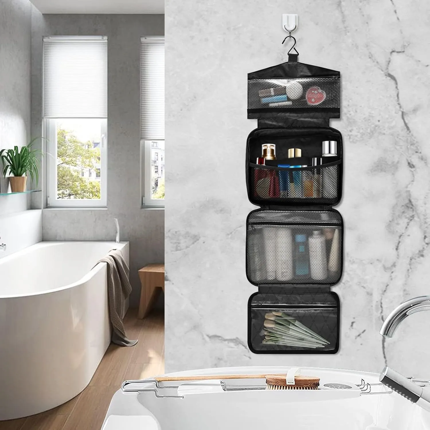 Black Personalized Hanging Travel Toiletry Bag for Women Men Custom Makeup Organizer with bottles & hanging hook Cosmetic Bag for Toiletries Traveling Outdoors Hotel Bathroom